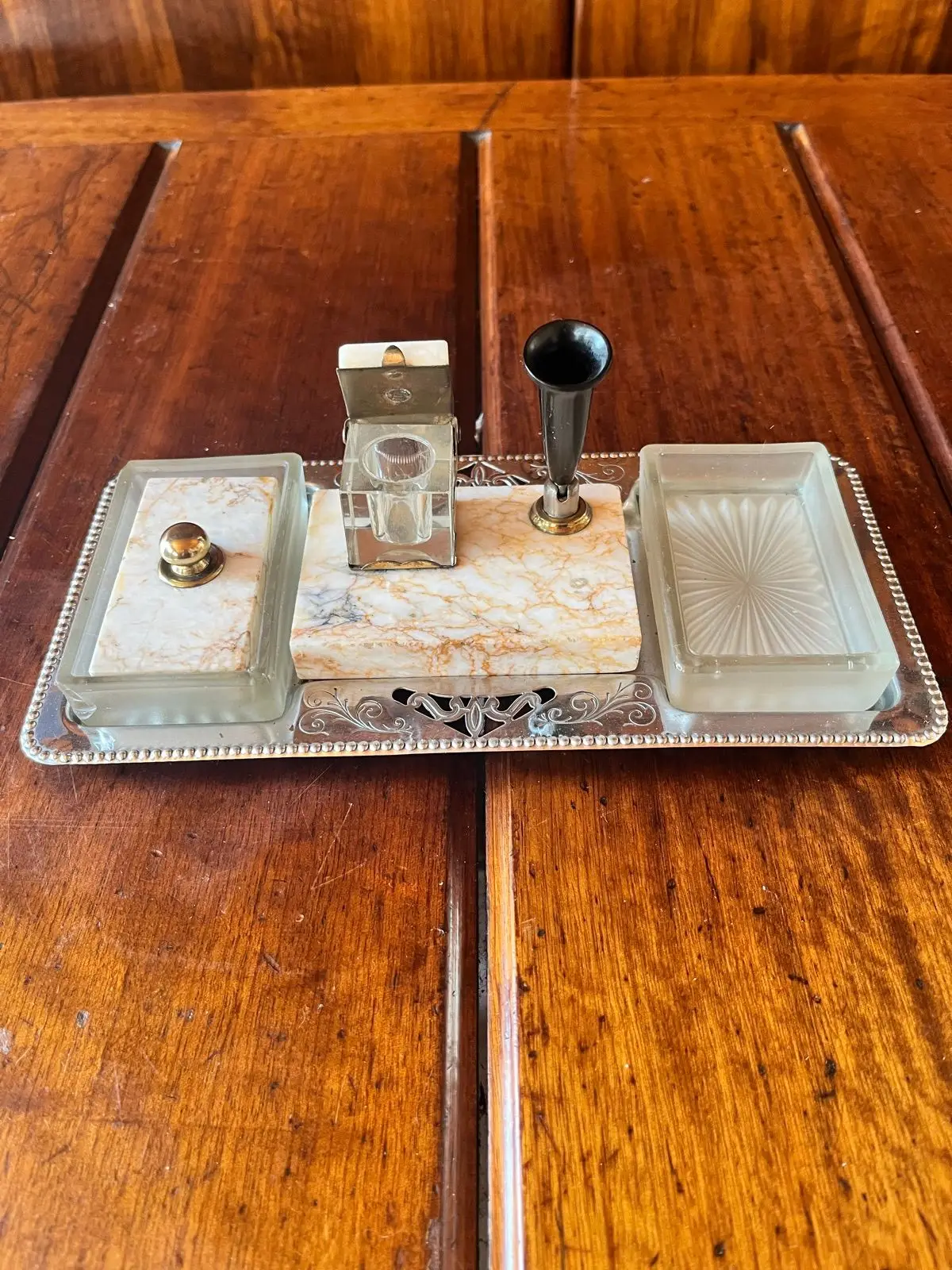 Vintage Marble and Glass Desk Inkstand Set