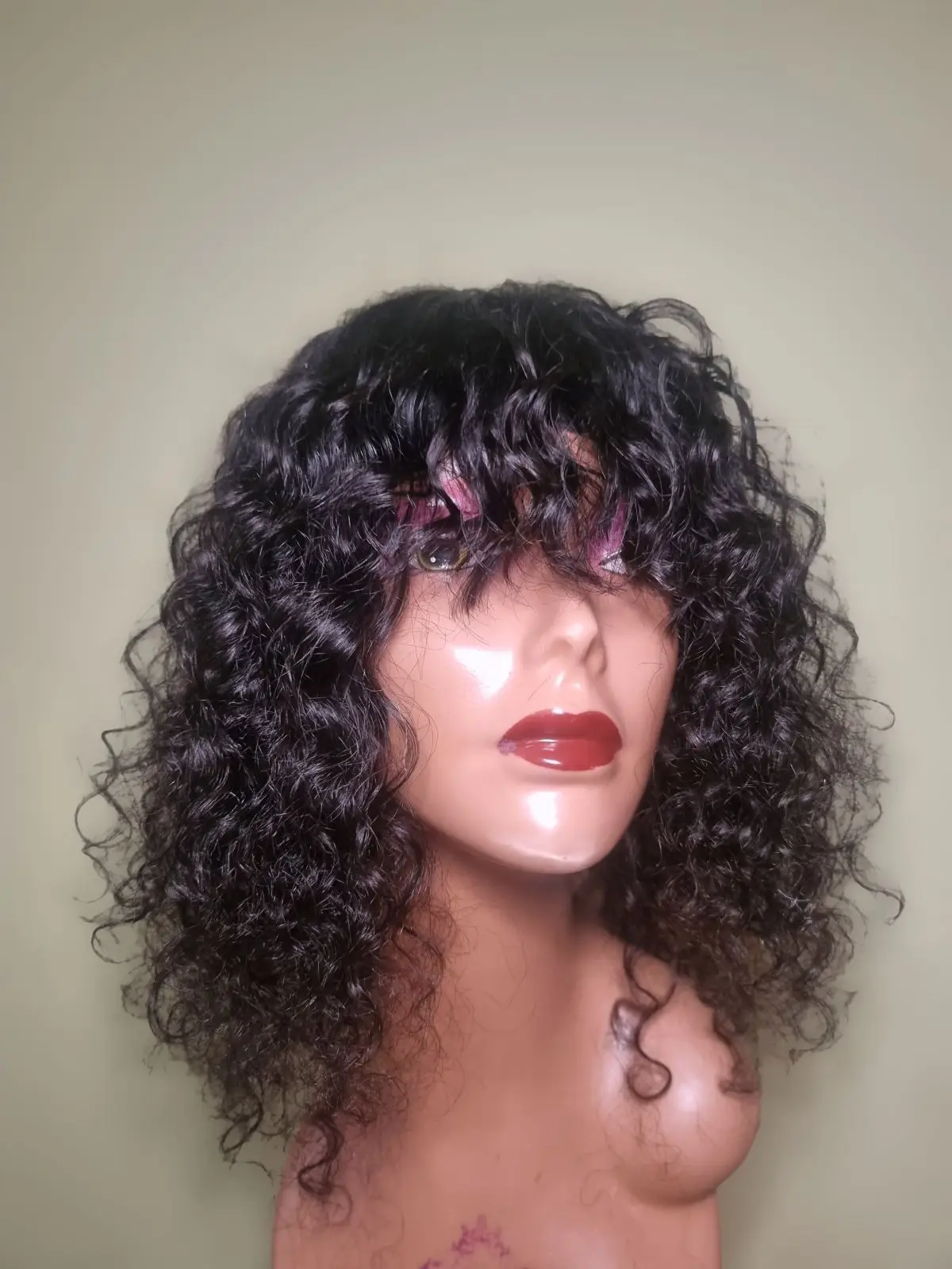 Curly Black Wig with Bangs