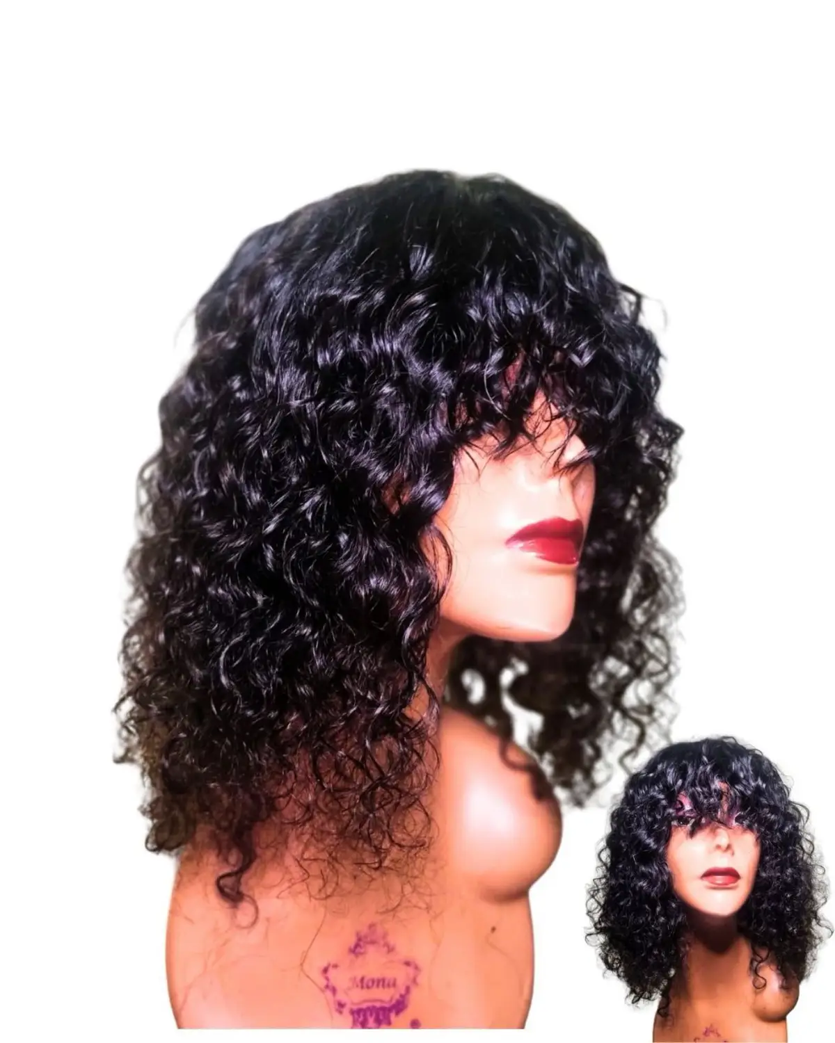 Curly Black Wig with Bangs
