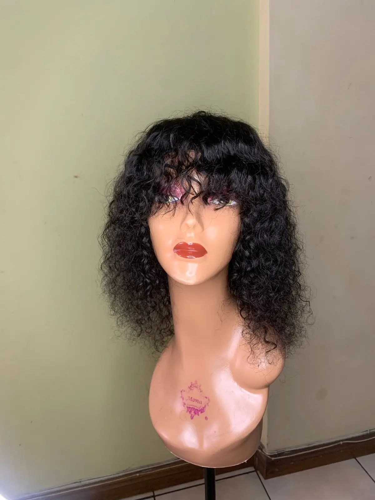 Curly Black Wig with Bangs