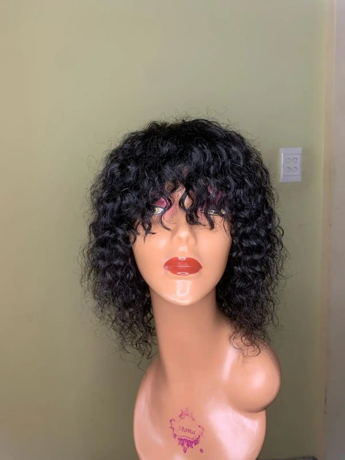 Curly Black Wig with Bangs
