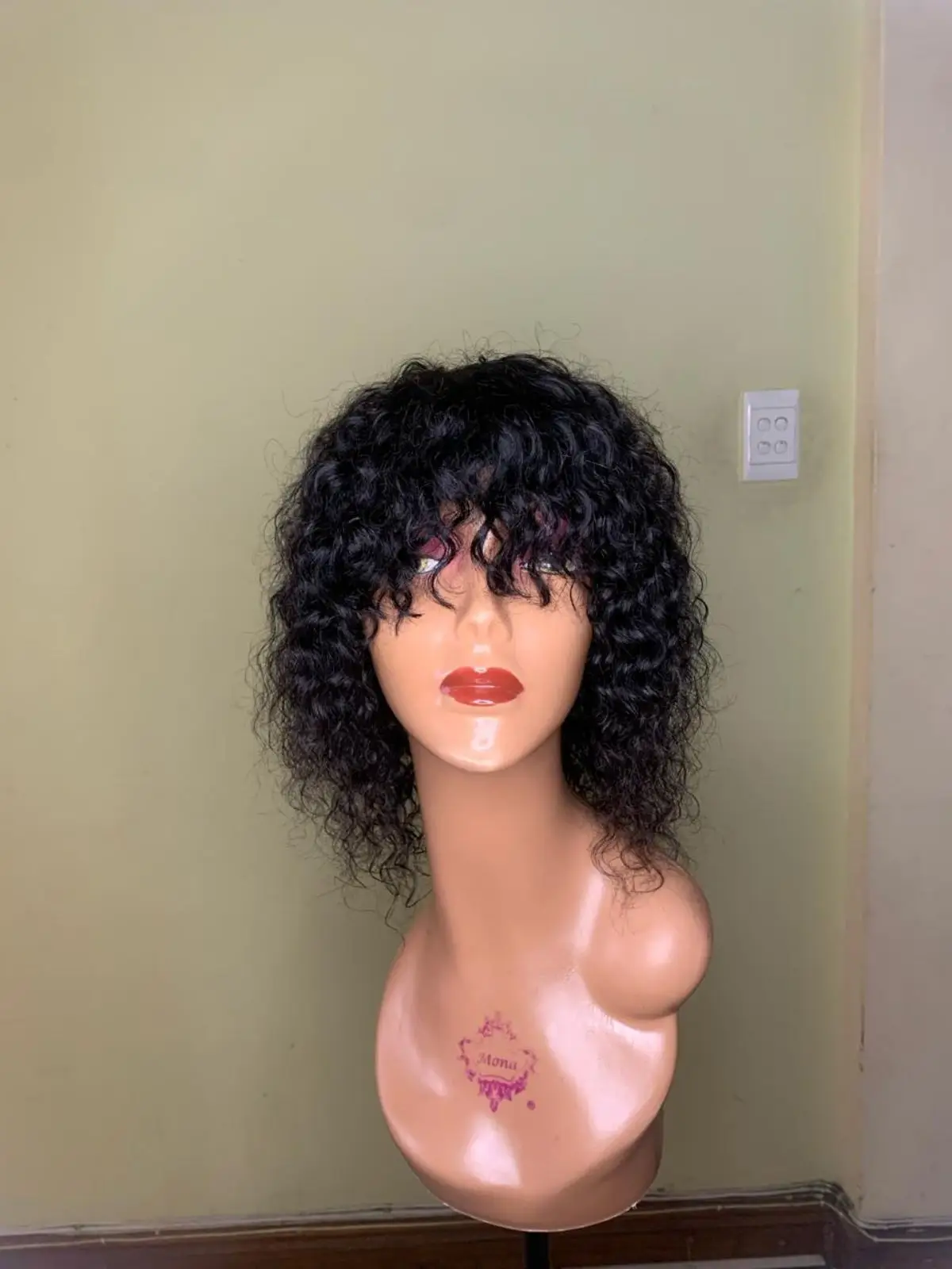 Curly Black Wig with Bangs