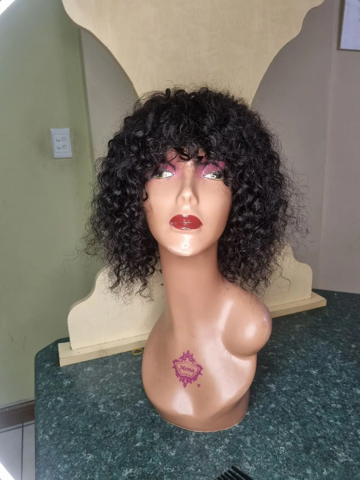 Curly Black Wig with Bangs