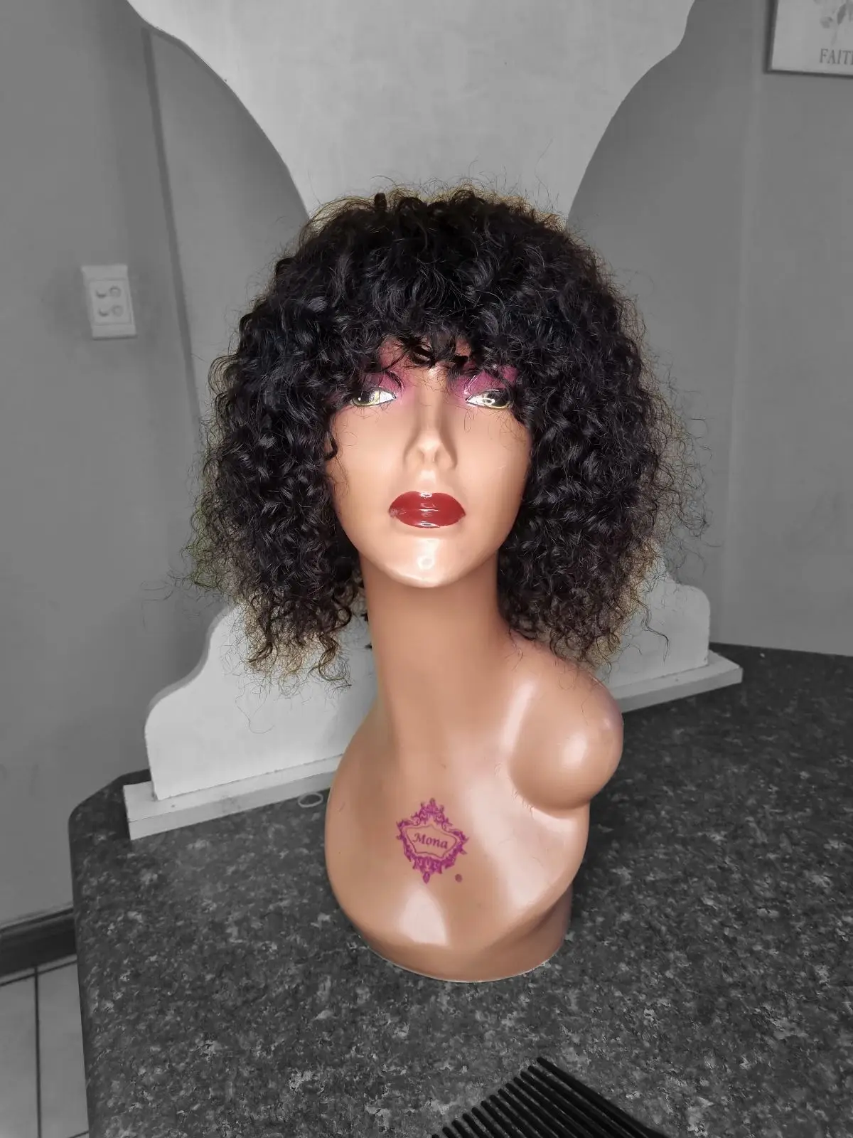 Curly Black Wig with Bangs