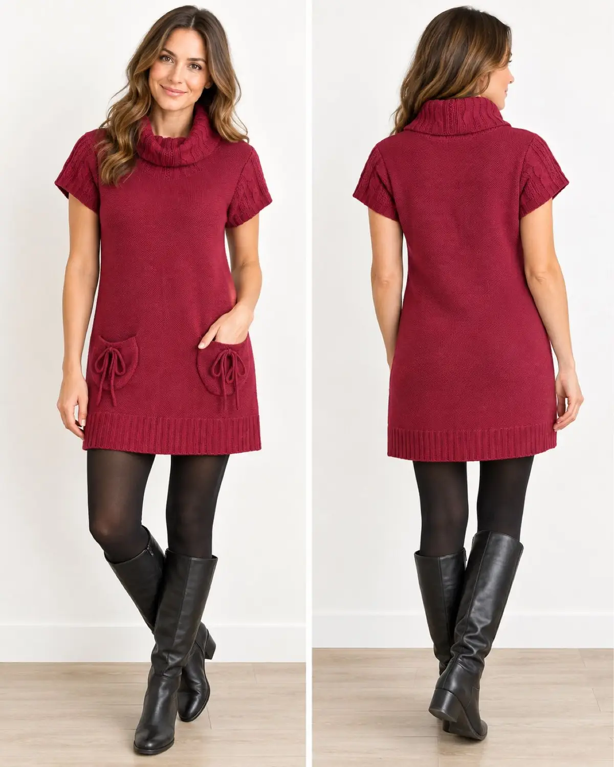 Red Knit Tunic Dress with Cowl Neck and Pockets
