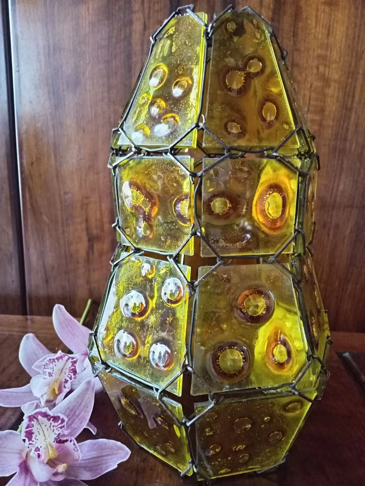 Amber Slag Glass Wire Wrapped Lantern Vase
