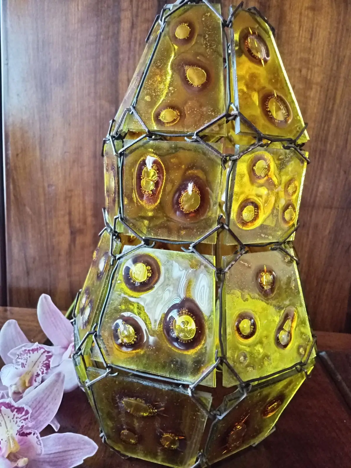 Amber Slag Glass Wire Wrapped Lantern Vase