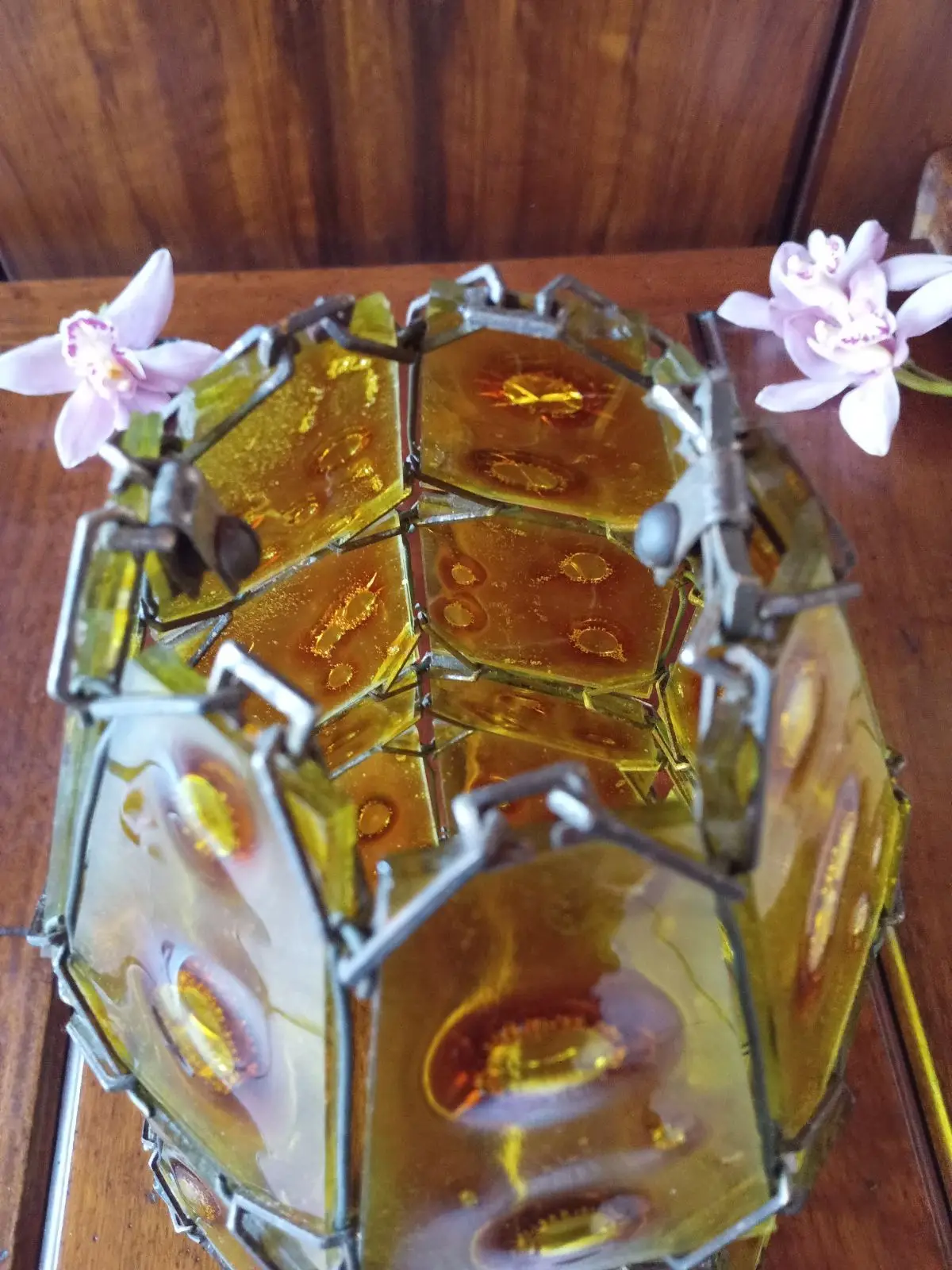 Amber Slag Glass Wire Wrapped Lantern Vase