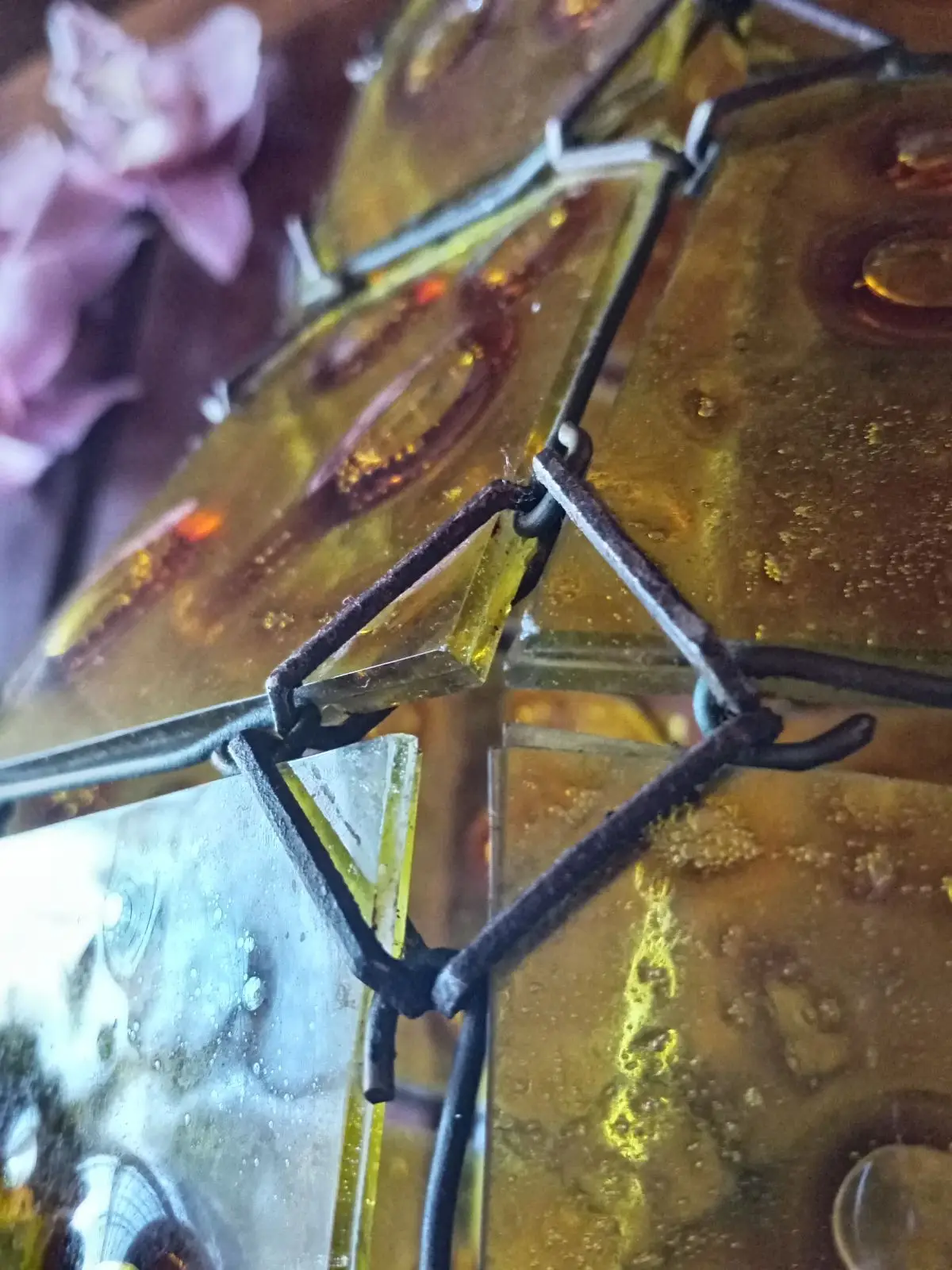 Amber Slag Glass Wire Wrapped Lantern Vase