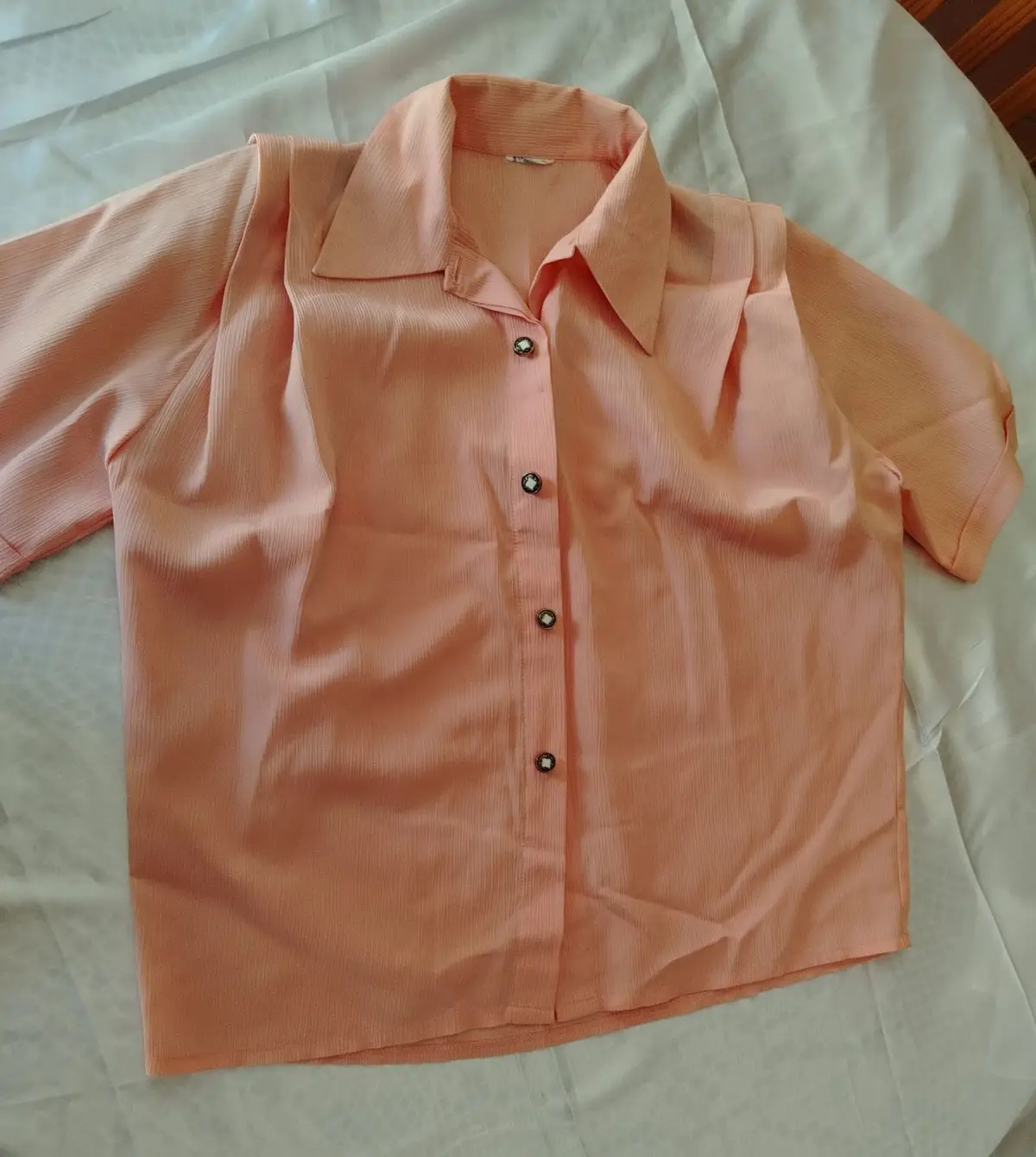 Peach Short-Sleeve Button-Up Blouse