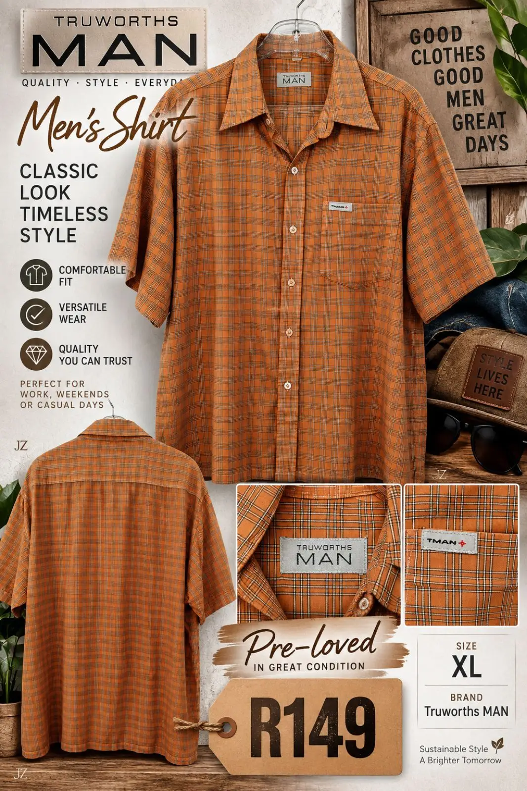 Truworths MAN Orange Plaid Short-Sleeve Shirt
