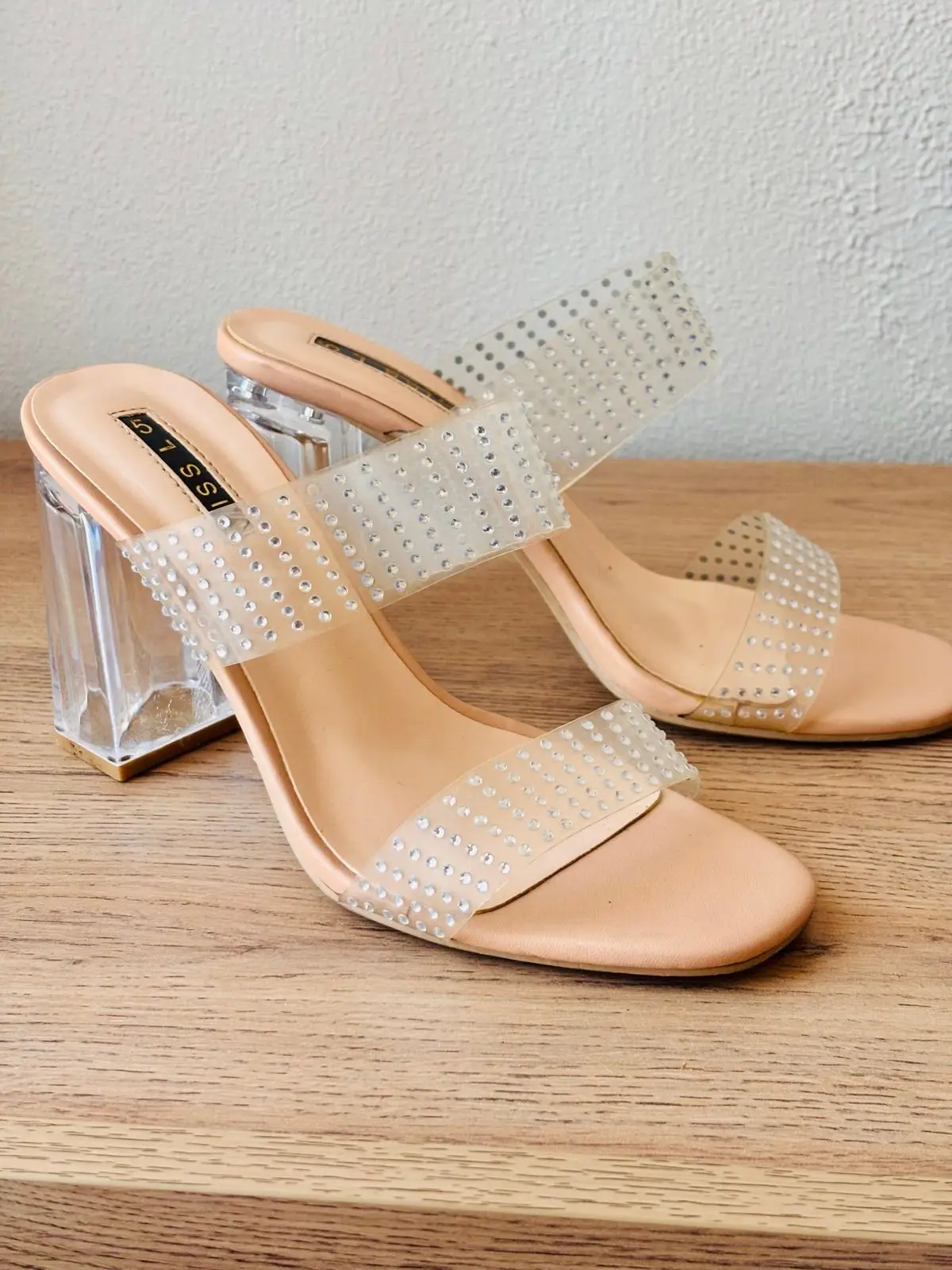 B7SSI Clear Rhinestone Block Heel Sandals