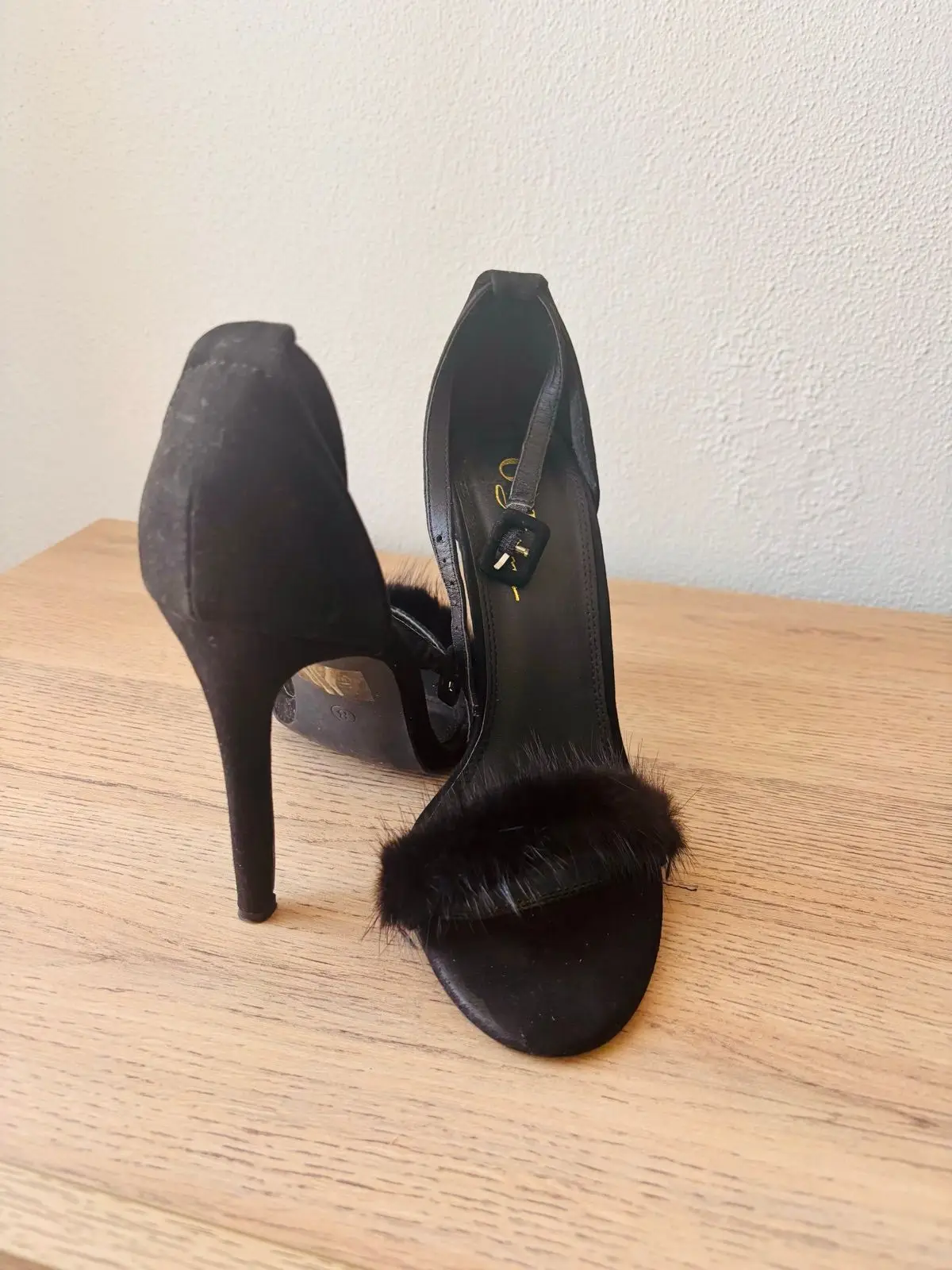 Black Fur Trim Stiletto Heels