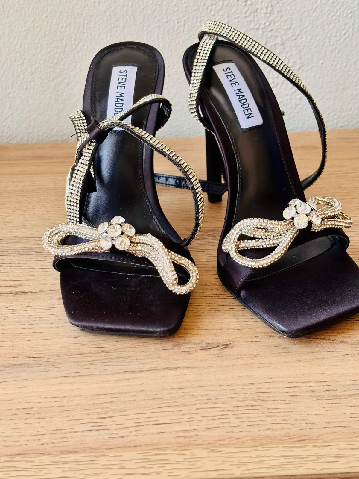 Steve Madden Black Satin Rhinestone Bow Heeled Sandals