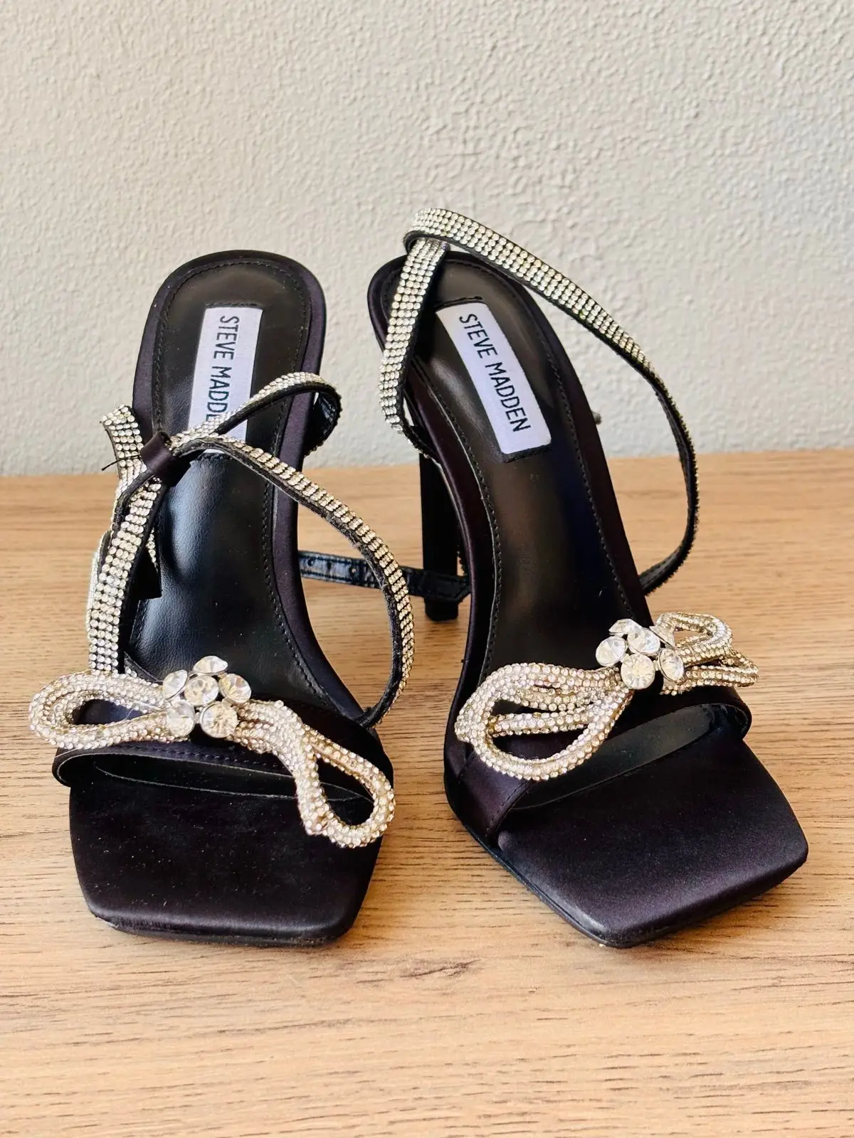 Steve Madden Black Satin Rhinestone Bow Heeled Sandals