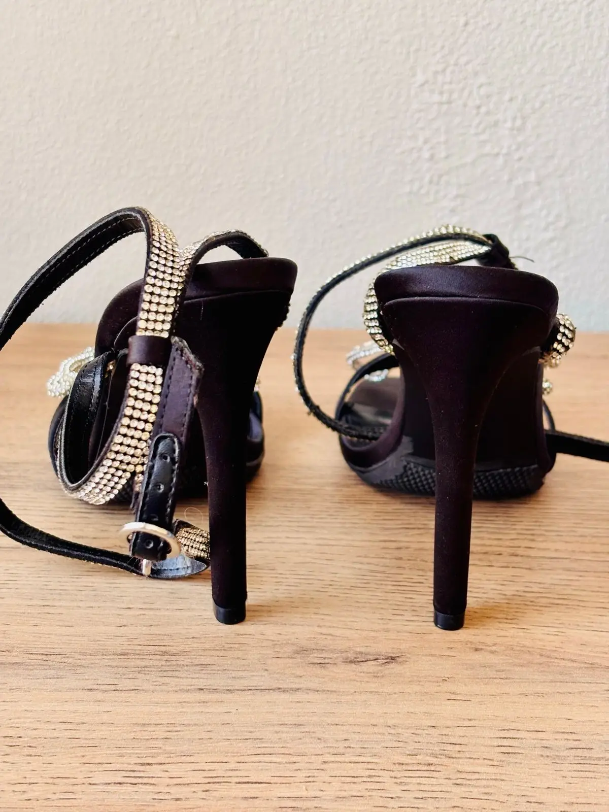 Steve Madden Black Satin Rhinestone Bow Heeled Sandals