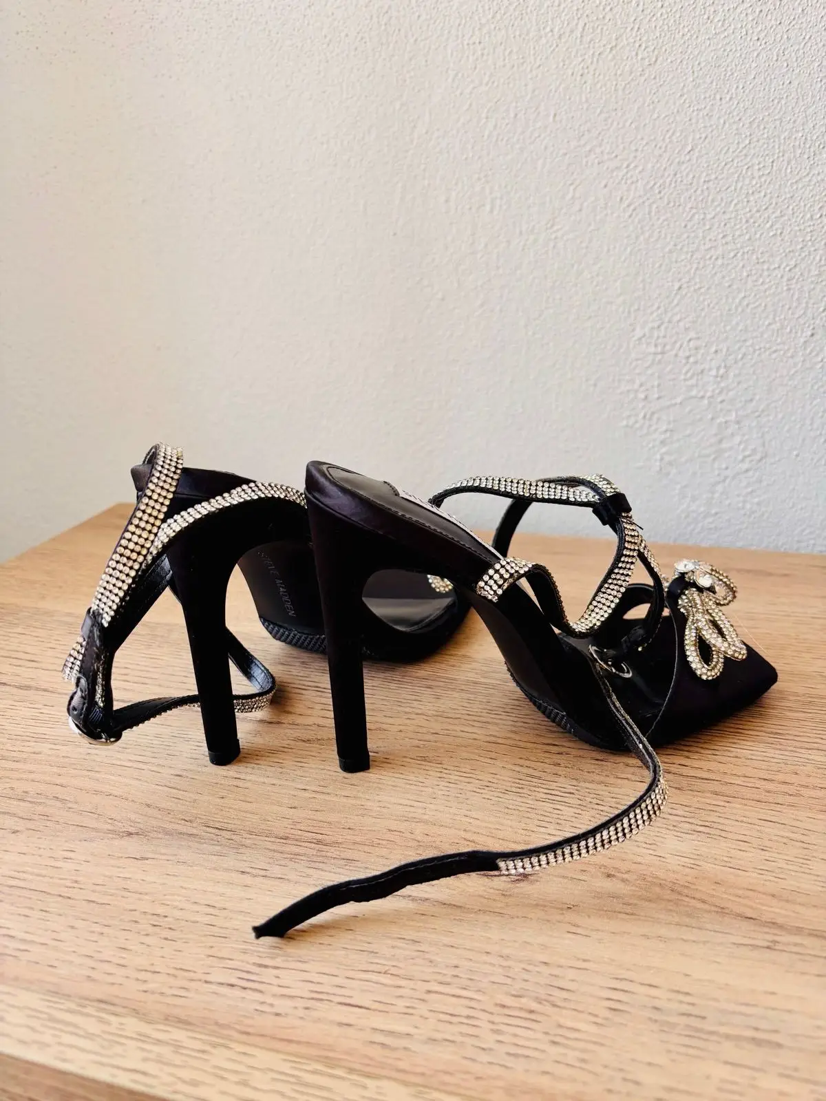 Steve Madden Black Satin Rhinestone Bow Heeled Sandals