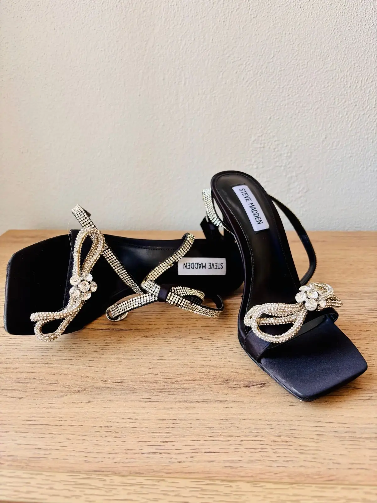 Steve Madden Black Satin Rhinestone Bow Heeled Sandals