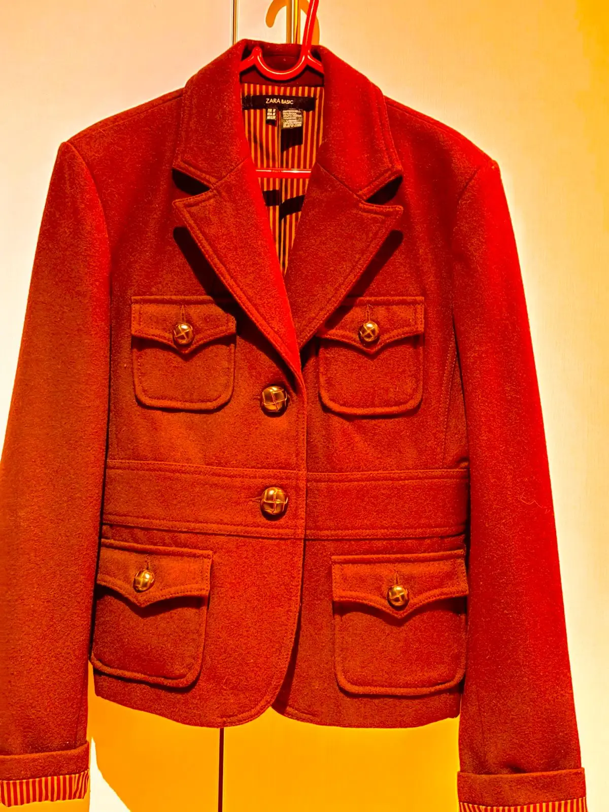 Zara Basic Red Structured Wool Blend Jacket with Gold Buttons