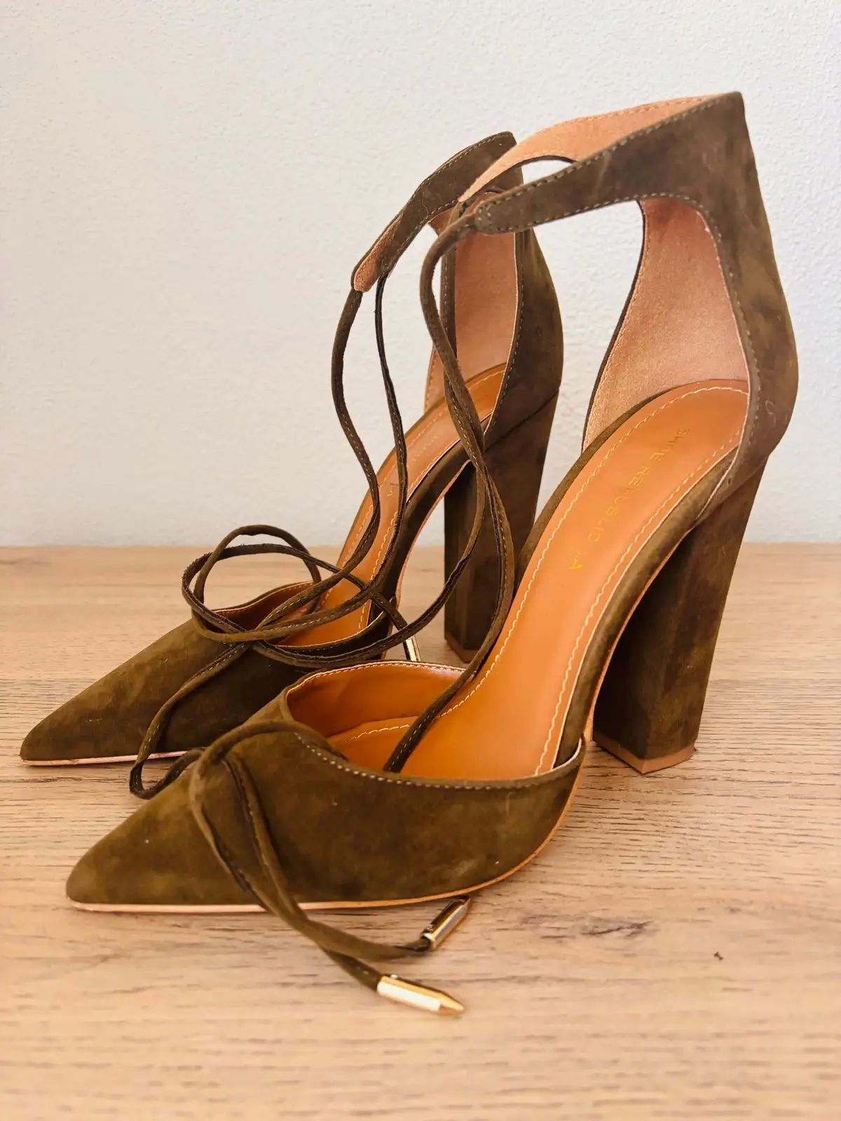 Shoe Republic LA Olive Suede Lace-Up Heels
