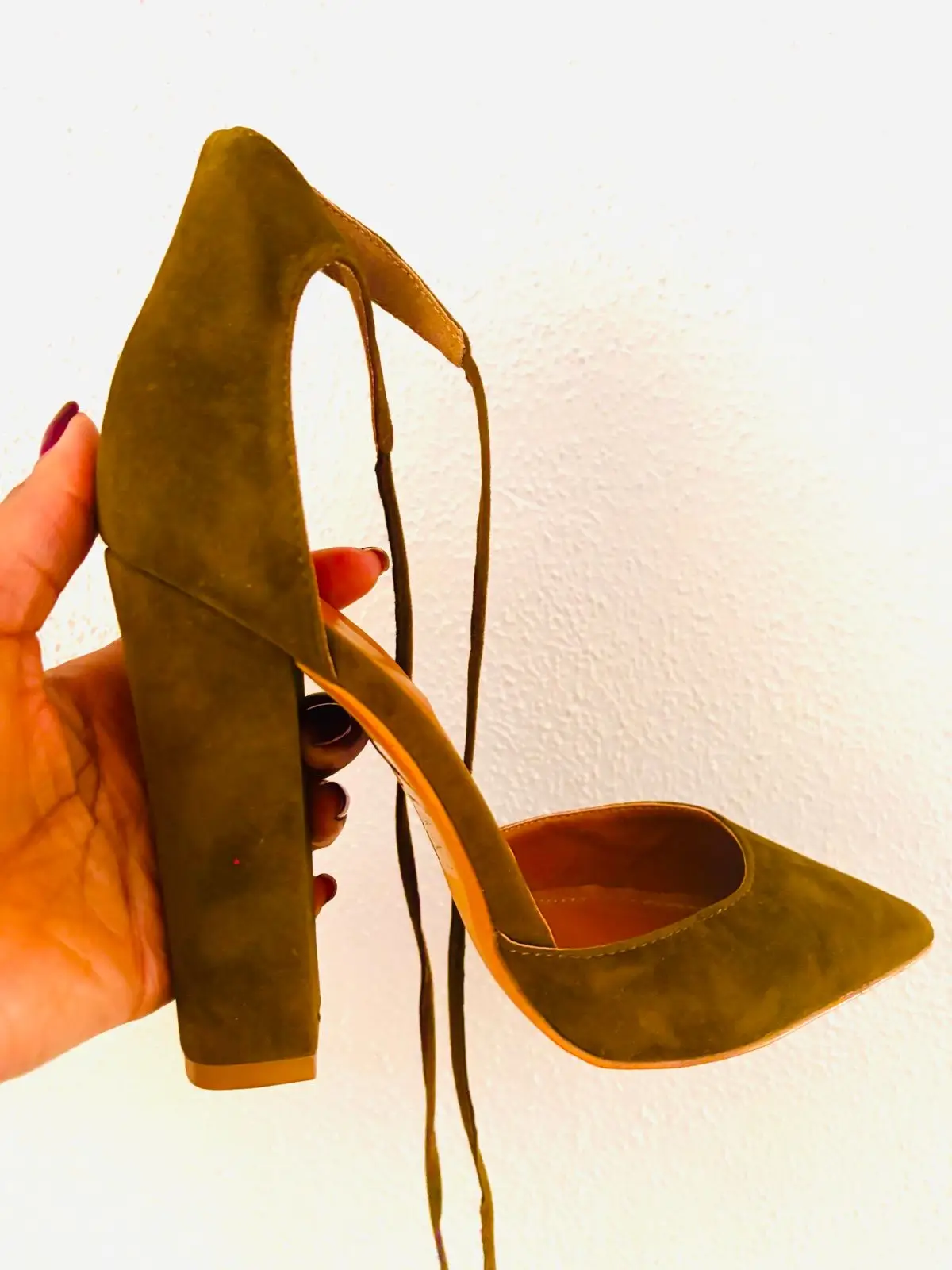 Shoe Republic LA Olive Suede Lace-Up Heels