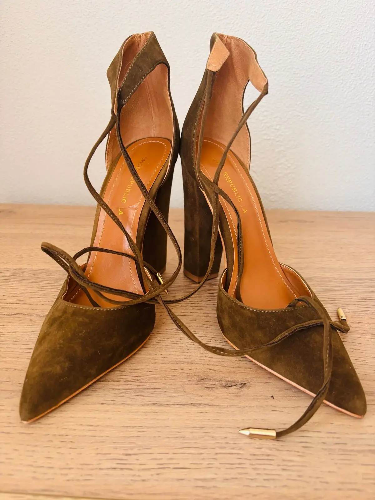 Shoe Republic LA Olive Suede Lace-Up Heels