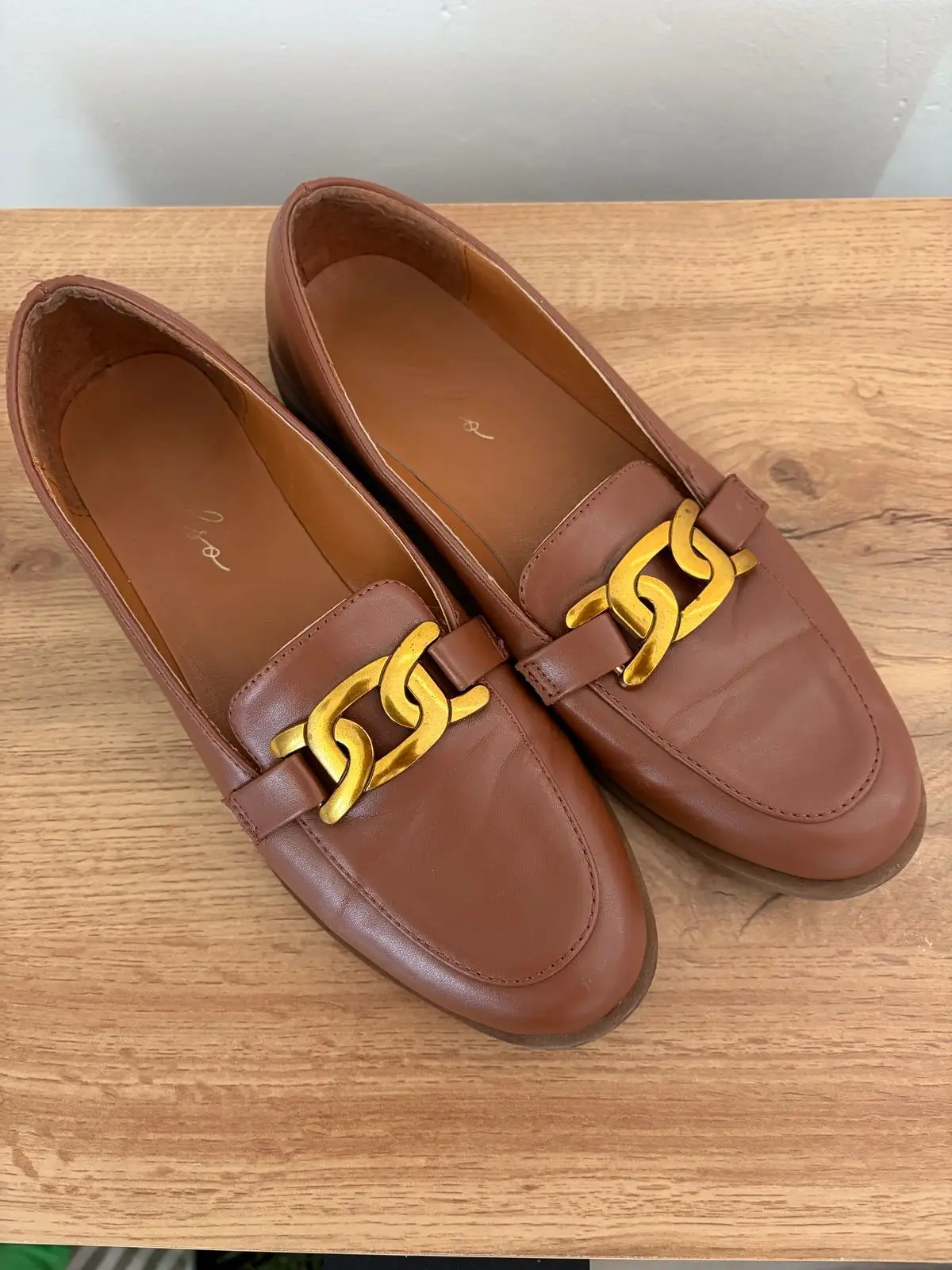 Edgars Brown Leather Loafers with Gold Chain Detail
