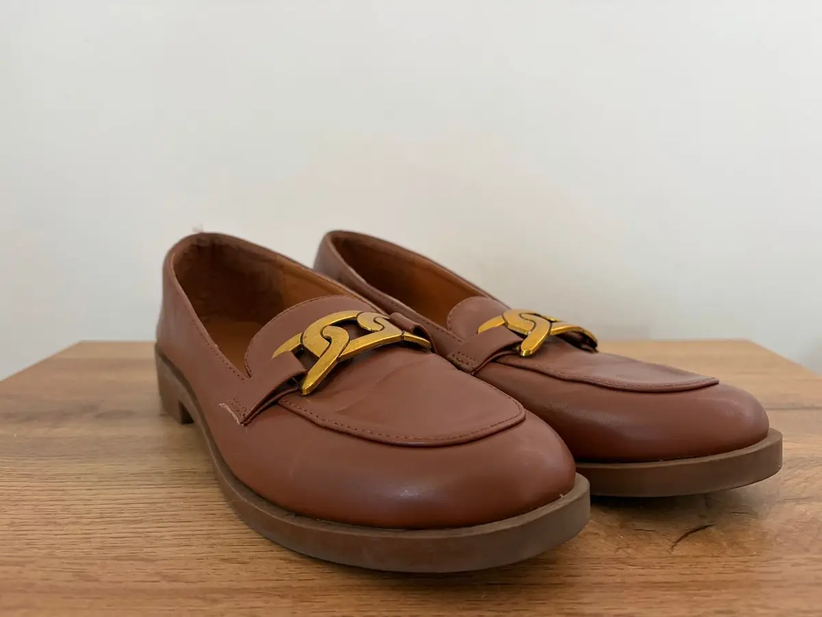 Edgars Brown Leather Loafers with Gold Chain Detail