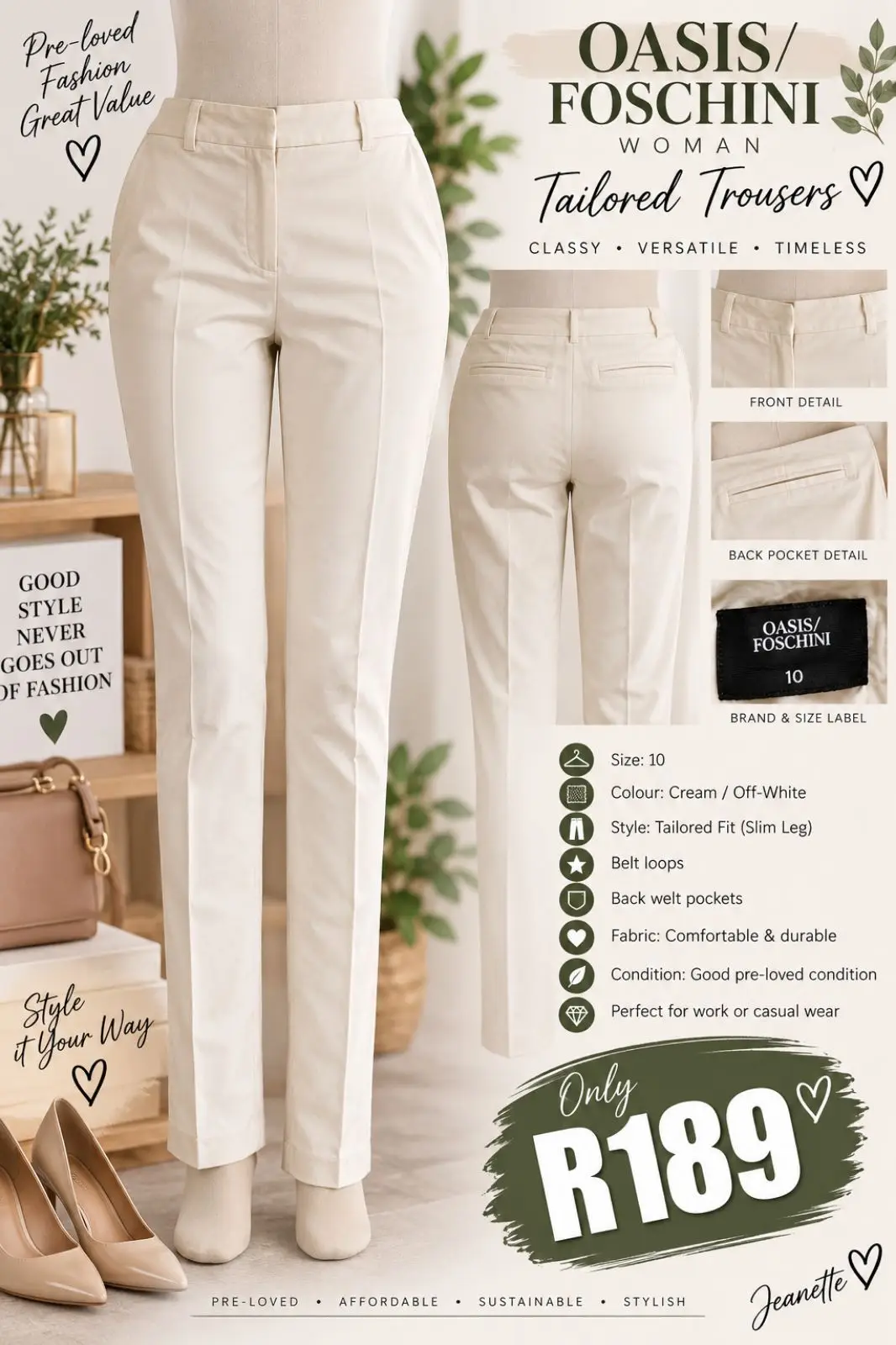 Foschini Oasis Foschini Tailored Trousers Cream Size 10