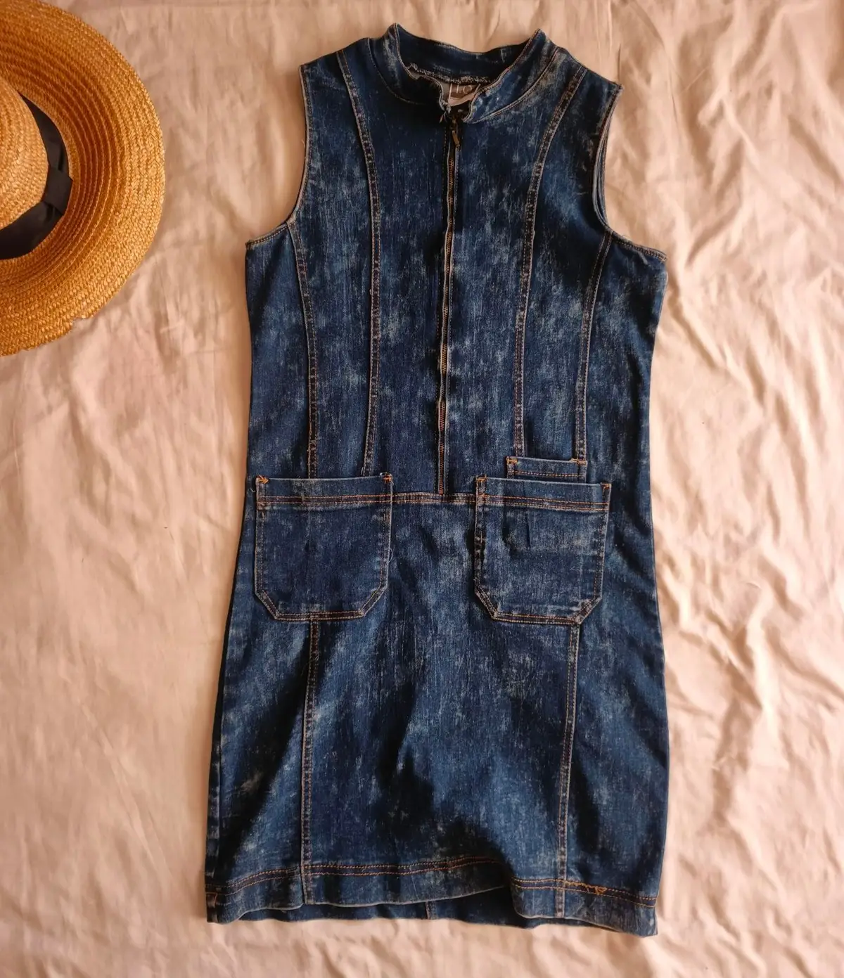Acid Wash Denim Zip-Front Dress