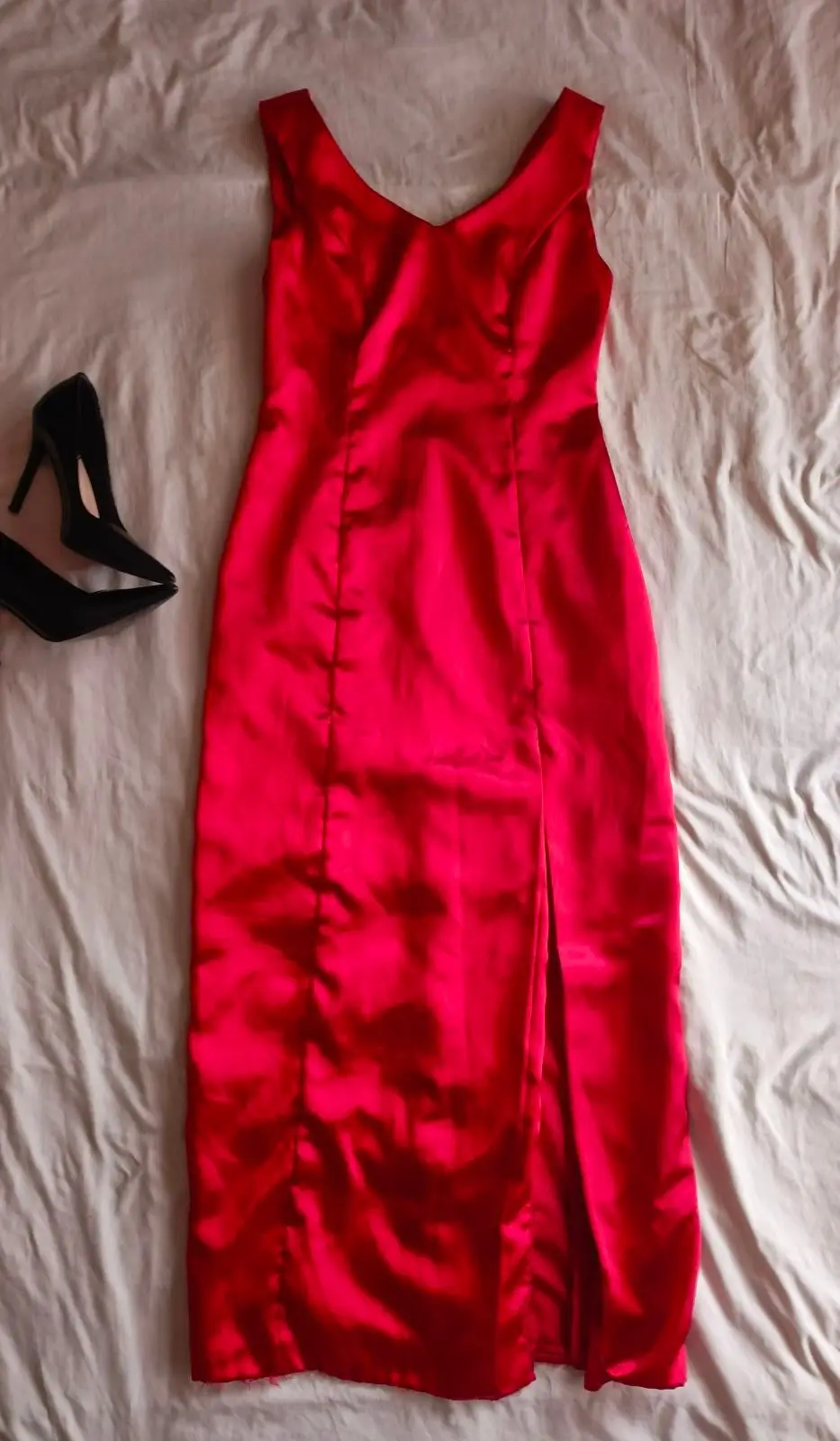 Red Satin Sleeveless Long Evening Dress with Slit