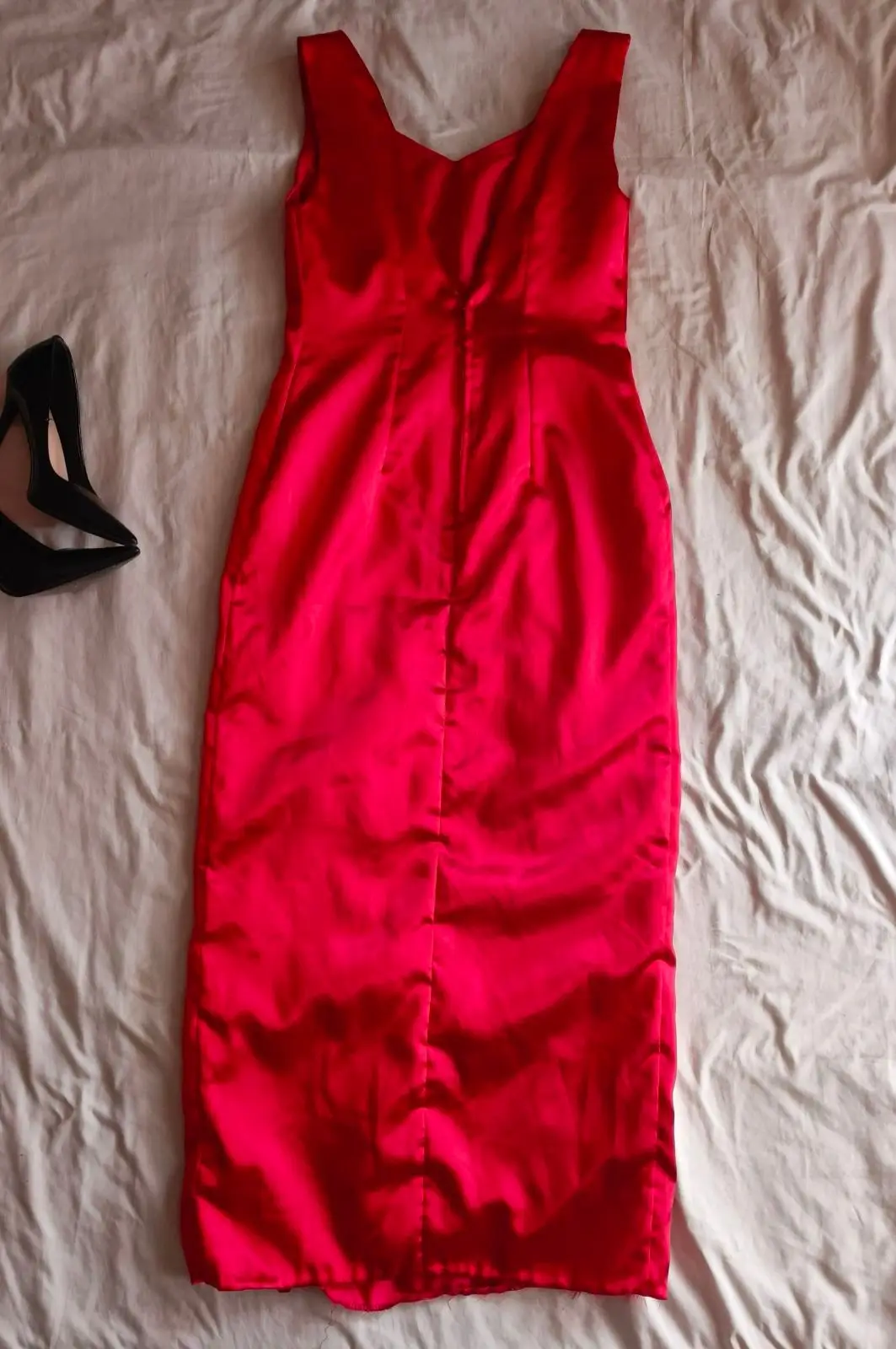 Red Satin Sleeveless Long Evening Dress with Slit