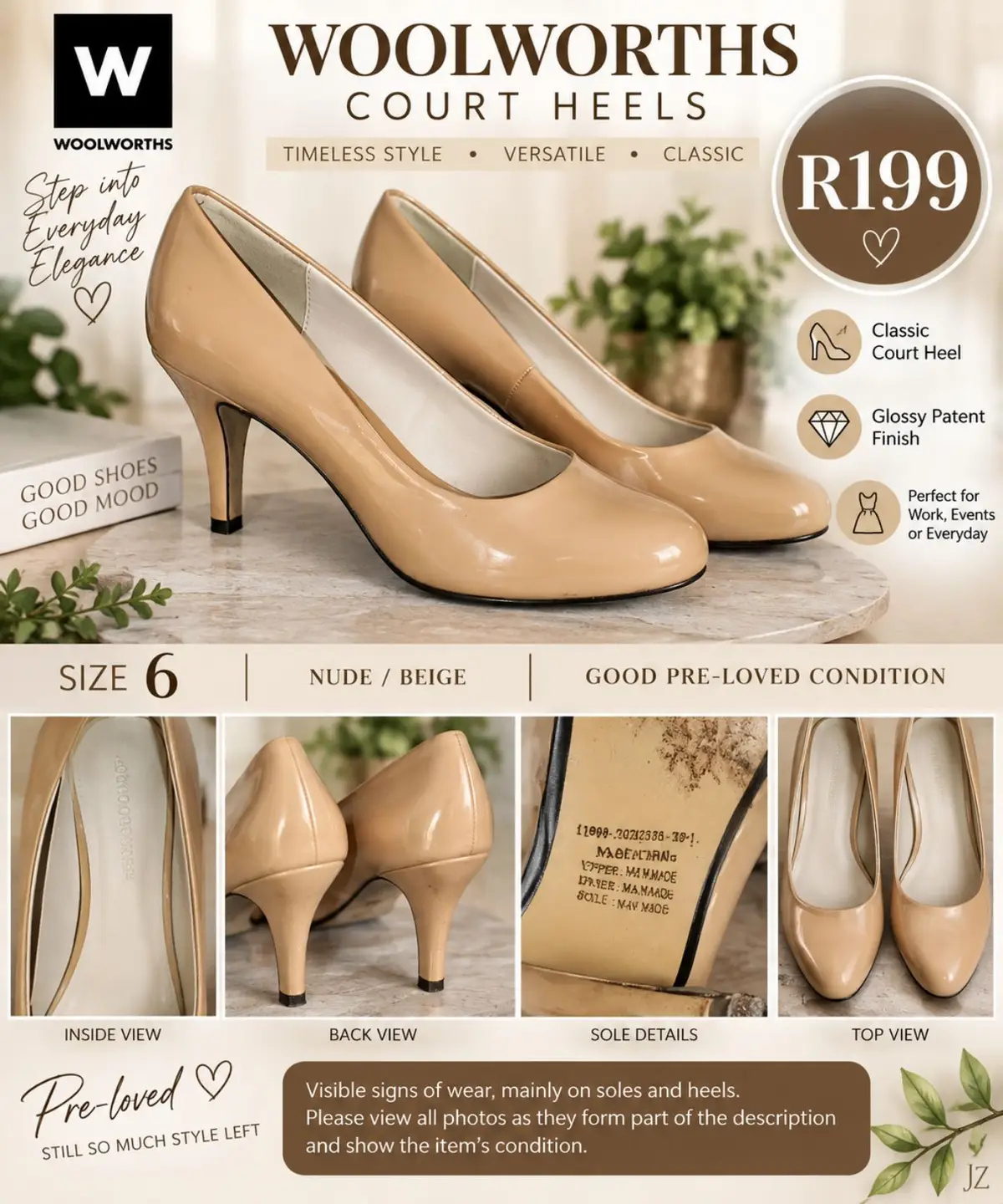 Woolworths Nude Patent Court Heels Size 6