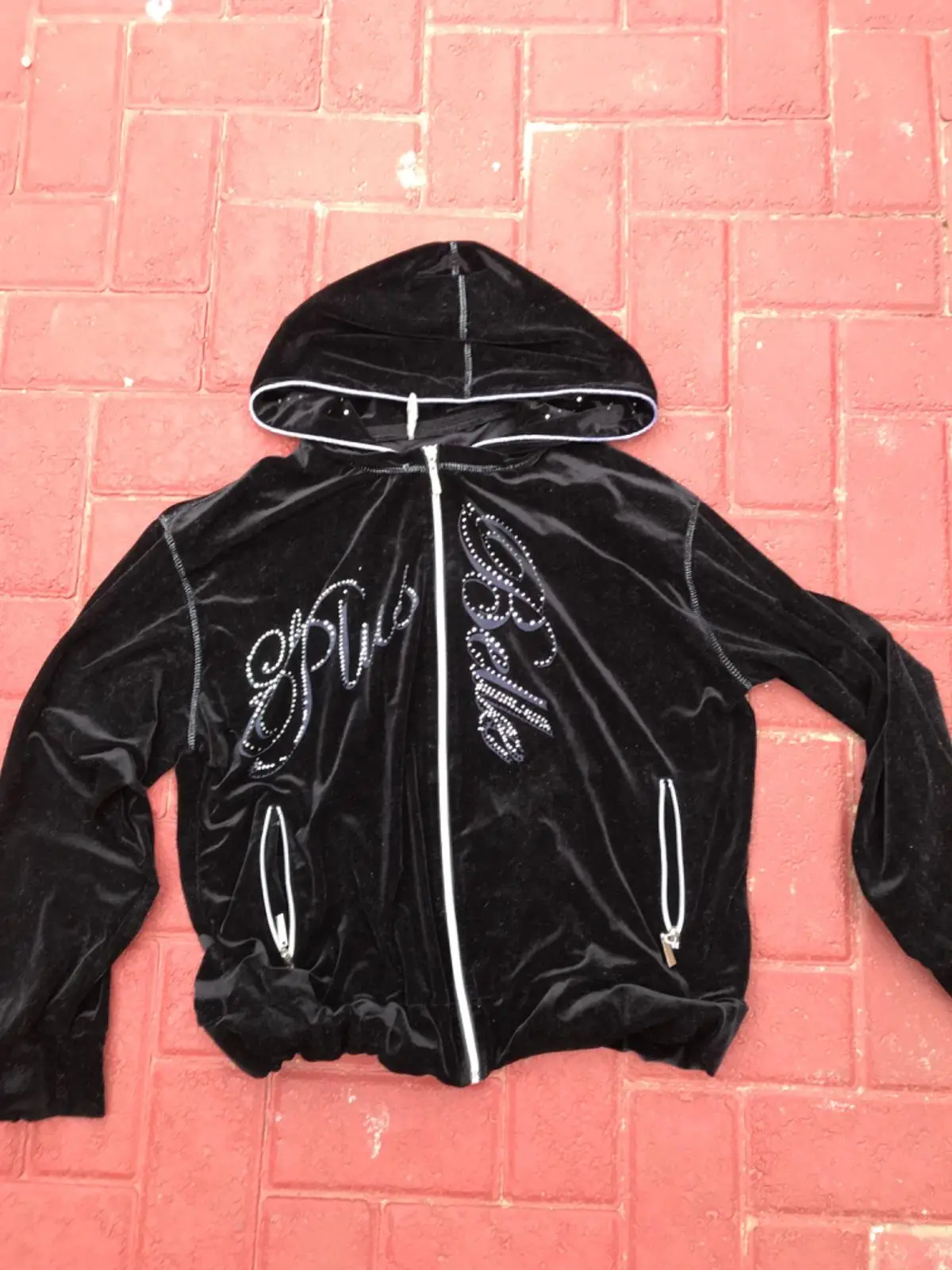 Black Velour Rhinestone Zip Hoodie