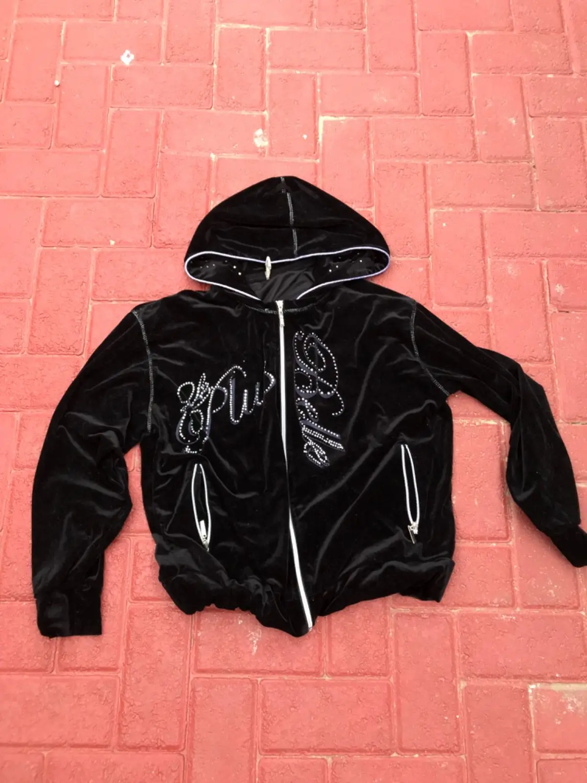 Black Velour Rhinestone Zip Hoodie