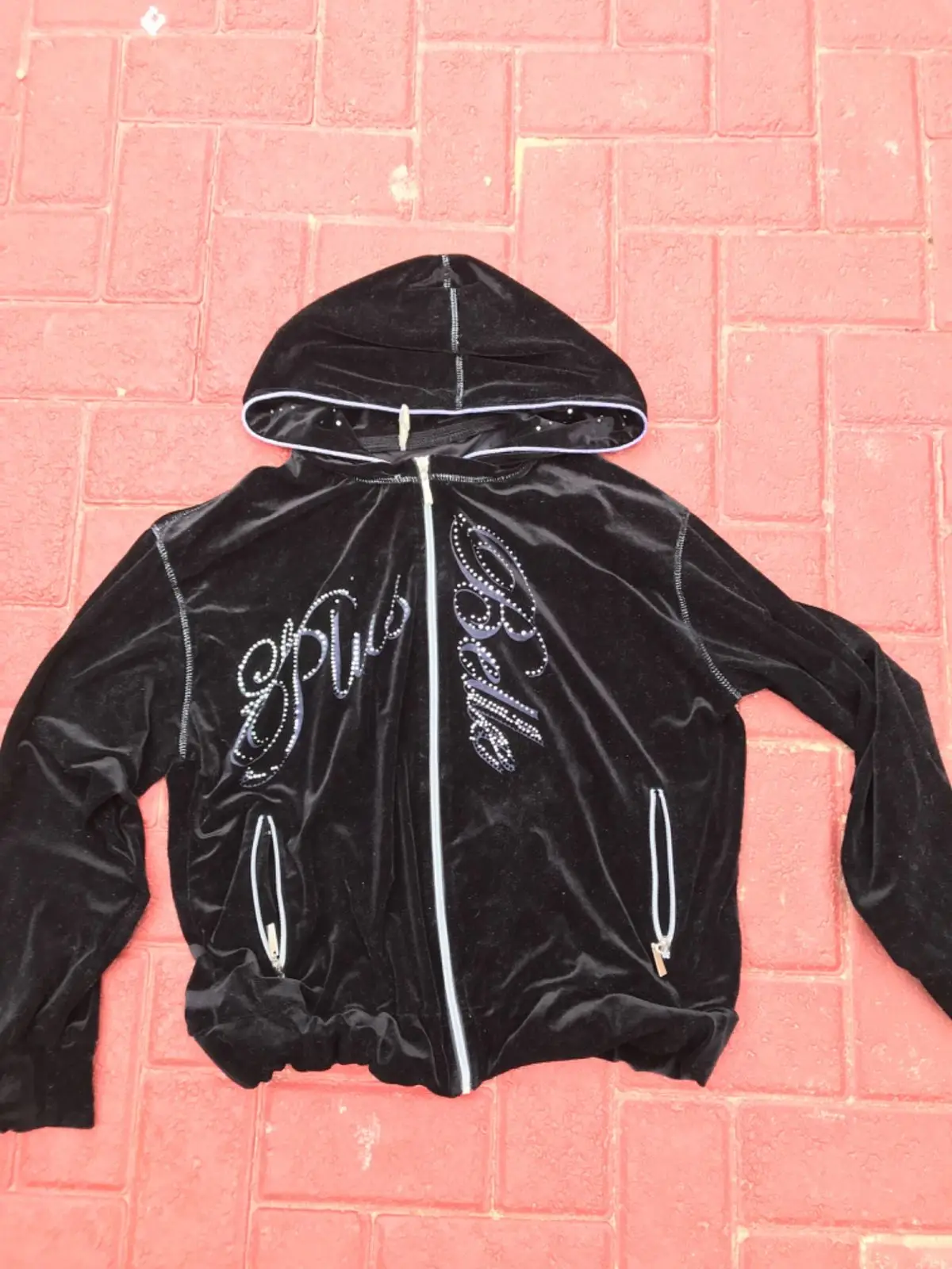 Black Velour Rhinestone Zip Hoodie