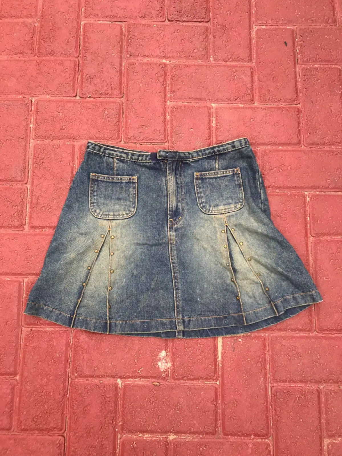 Vintage Denim Mini Skirt with Studded Pleats