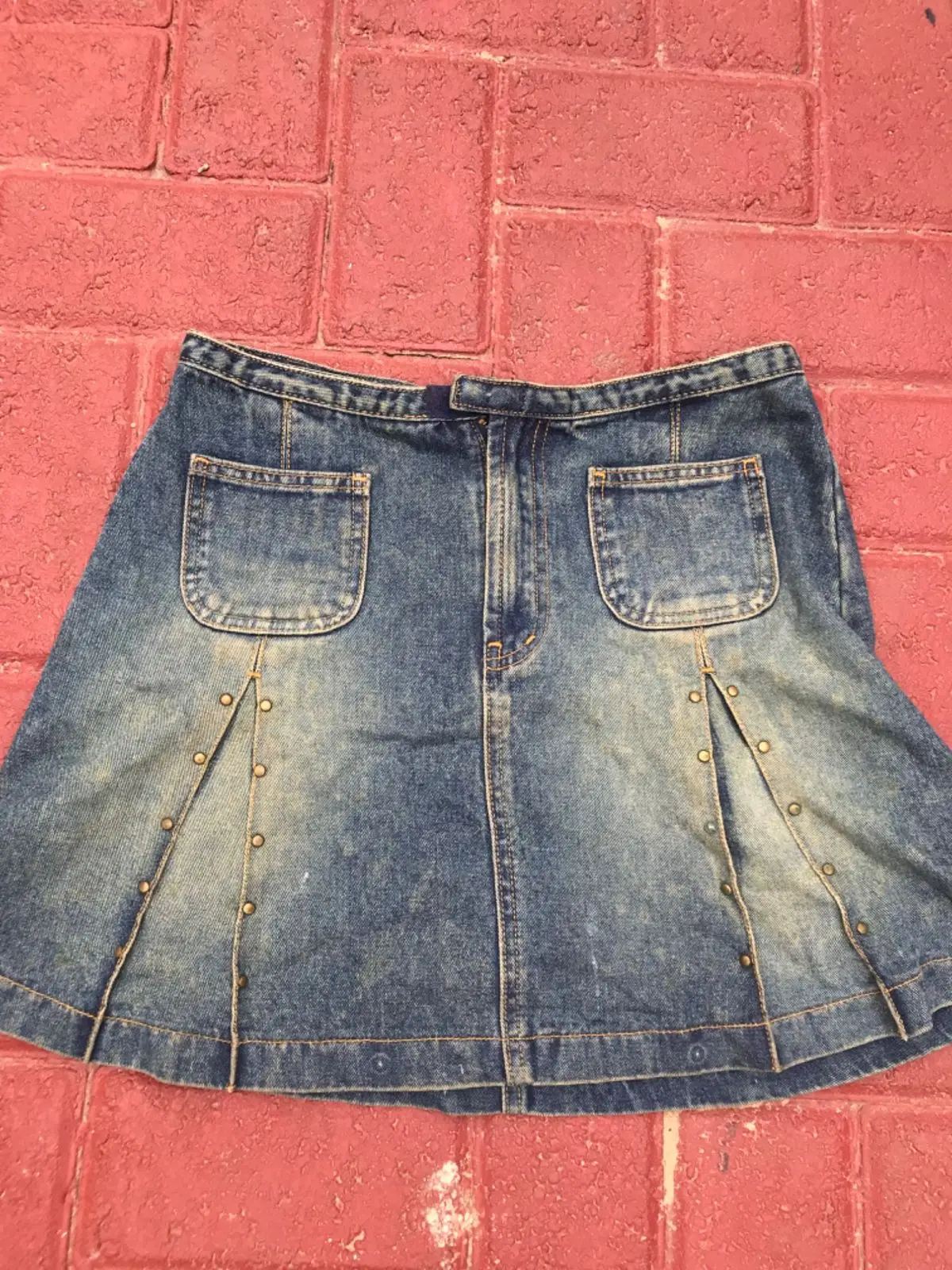 Vintage Denim Mini Skirt with Studded Pleats