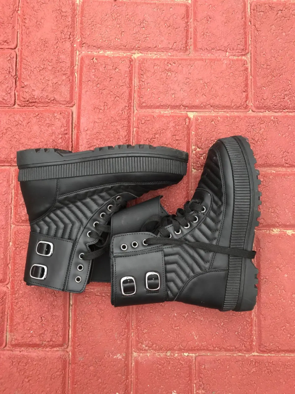 Black Platform Combat Boots with Buckles