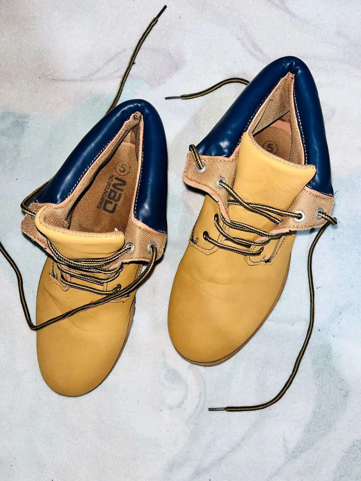 NBD Tan Work Boots with Blue Collar