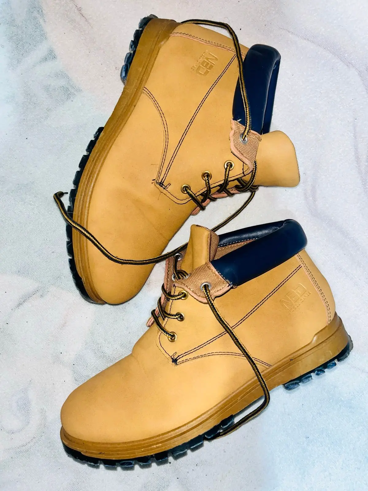 NBD Tan Work Boots with Blue Collar