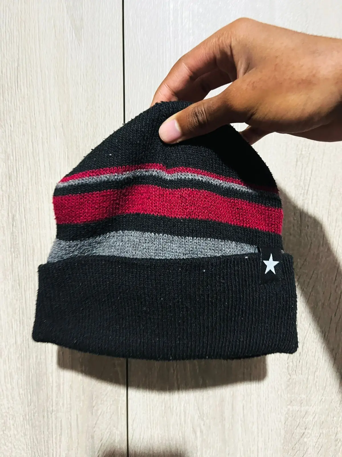 Black Striped Knit Beanie with Star Logo