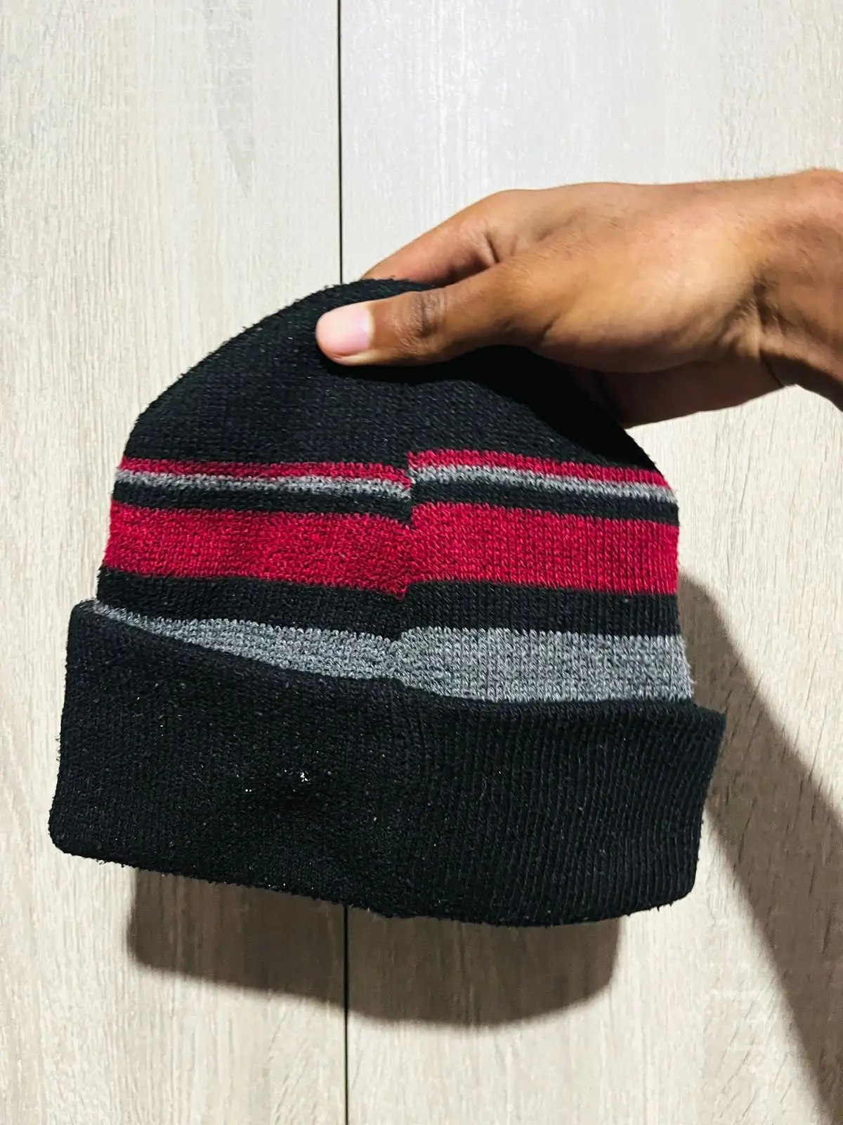 Black Striped Knit Beanie with Star Logo