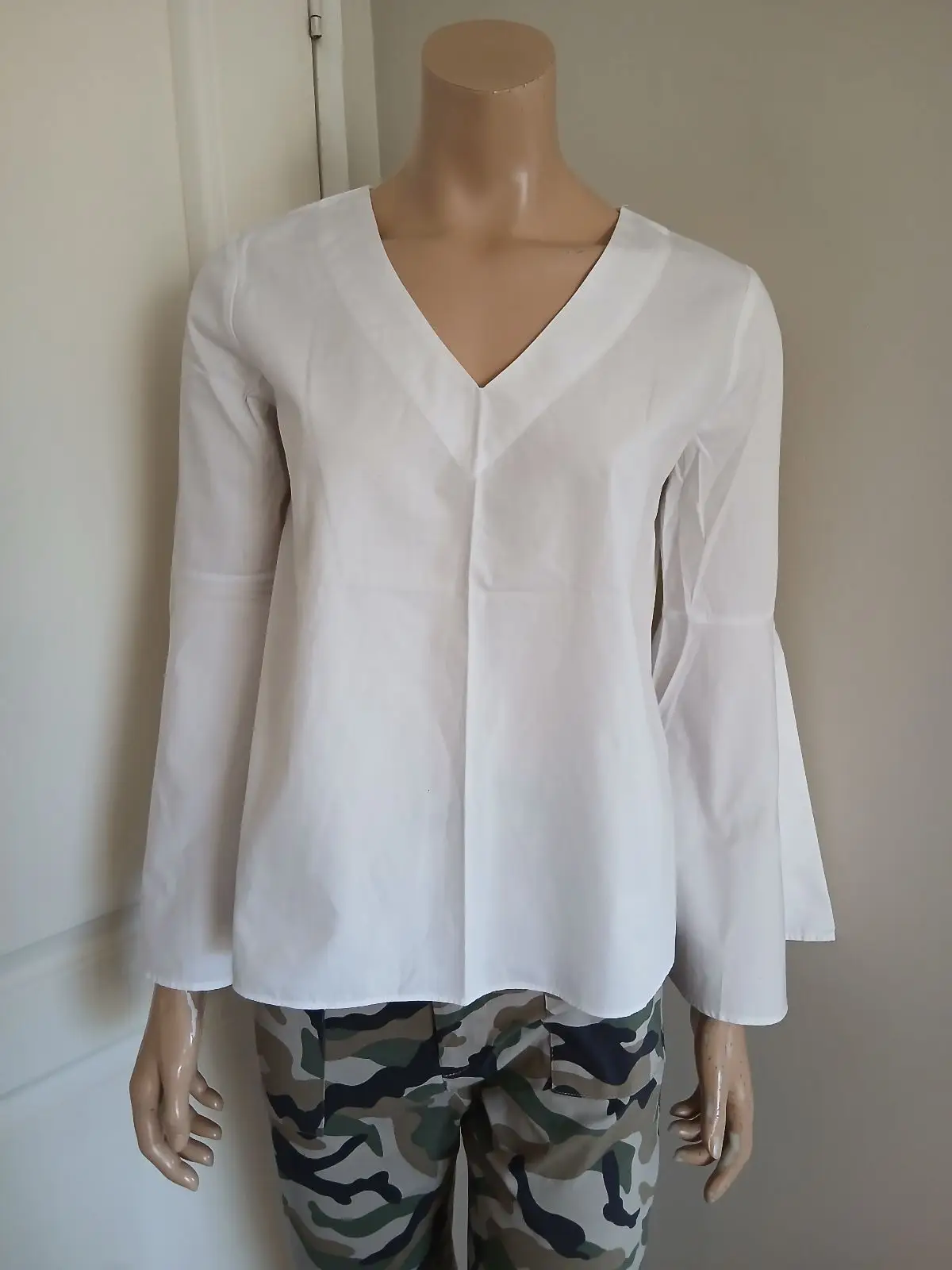 Zara White V-Neck Blouse with Bell Sleeves