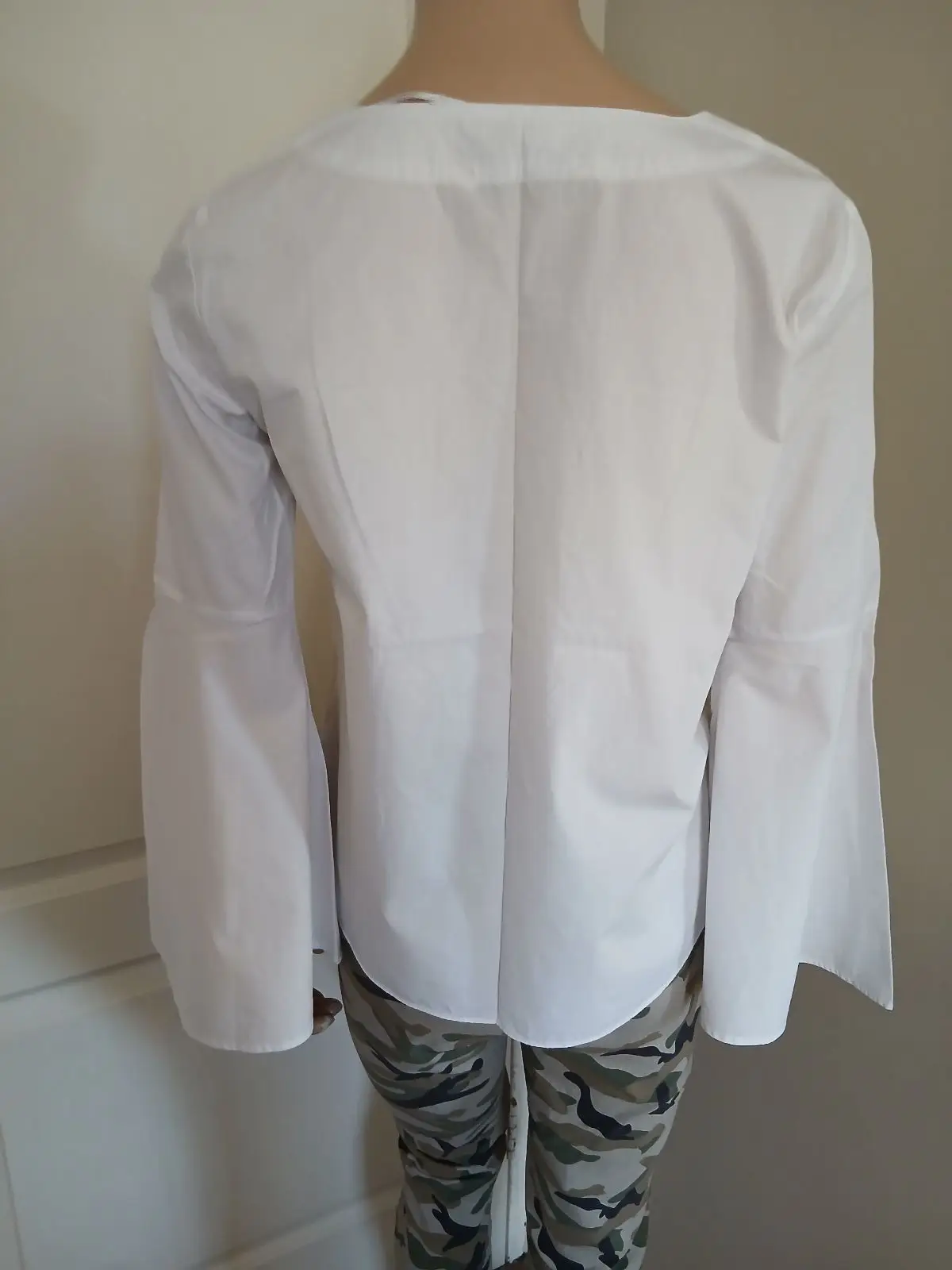 Zara White V-Neck Blouse with Bell Sleeves