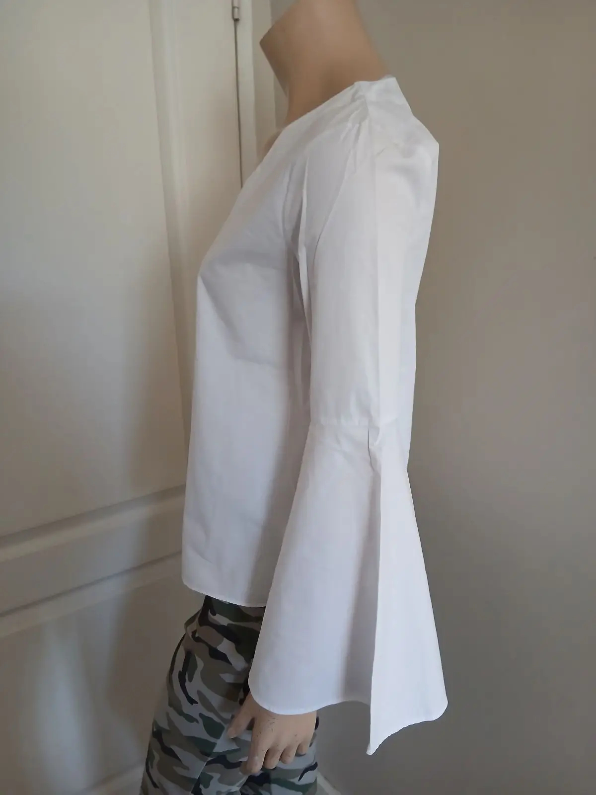 Zara White V-Neck Blouse with Bell Sleeves