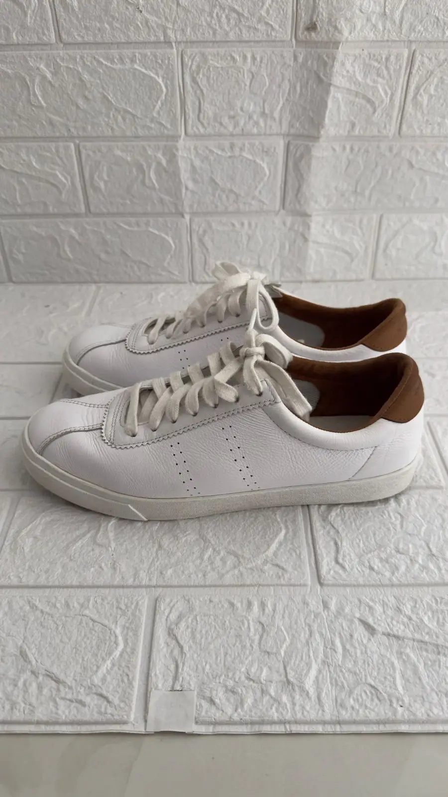 Superga White Leather Sneakers with Brown Heel