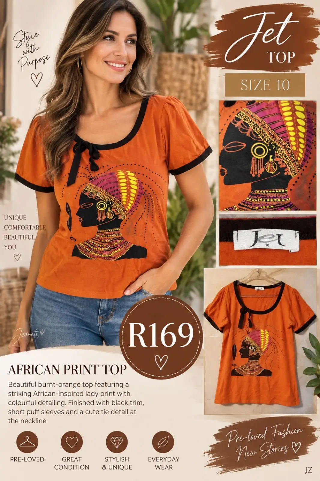 Jet African Print Burnt-Orange Short-Sleeve Top Size 10