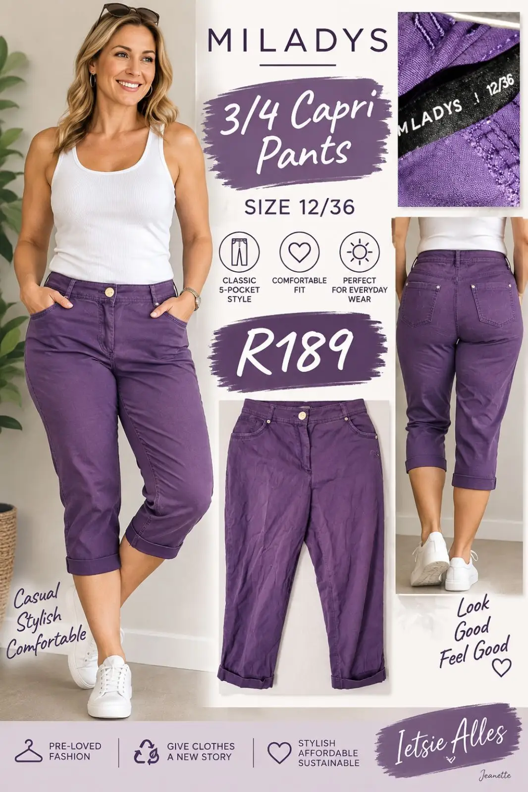 Truworths Miladys Purple 3/4 Capri Pants Size 12