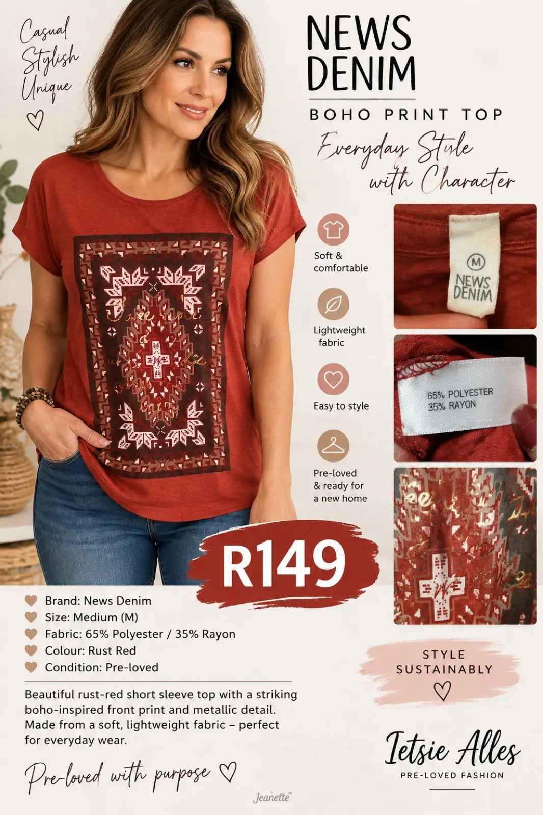 Edgars News Denim Boho Print Rust Red Top